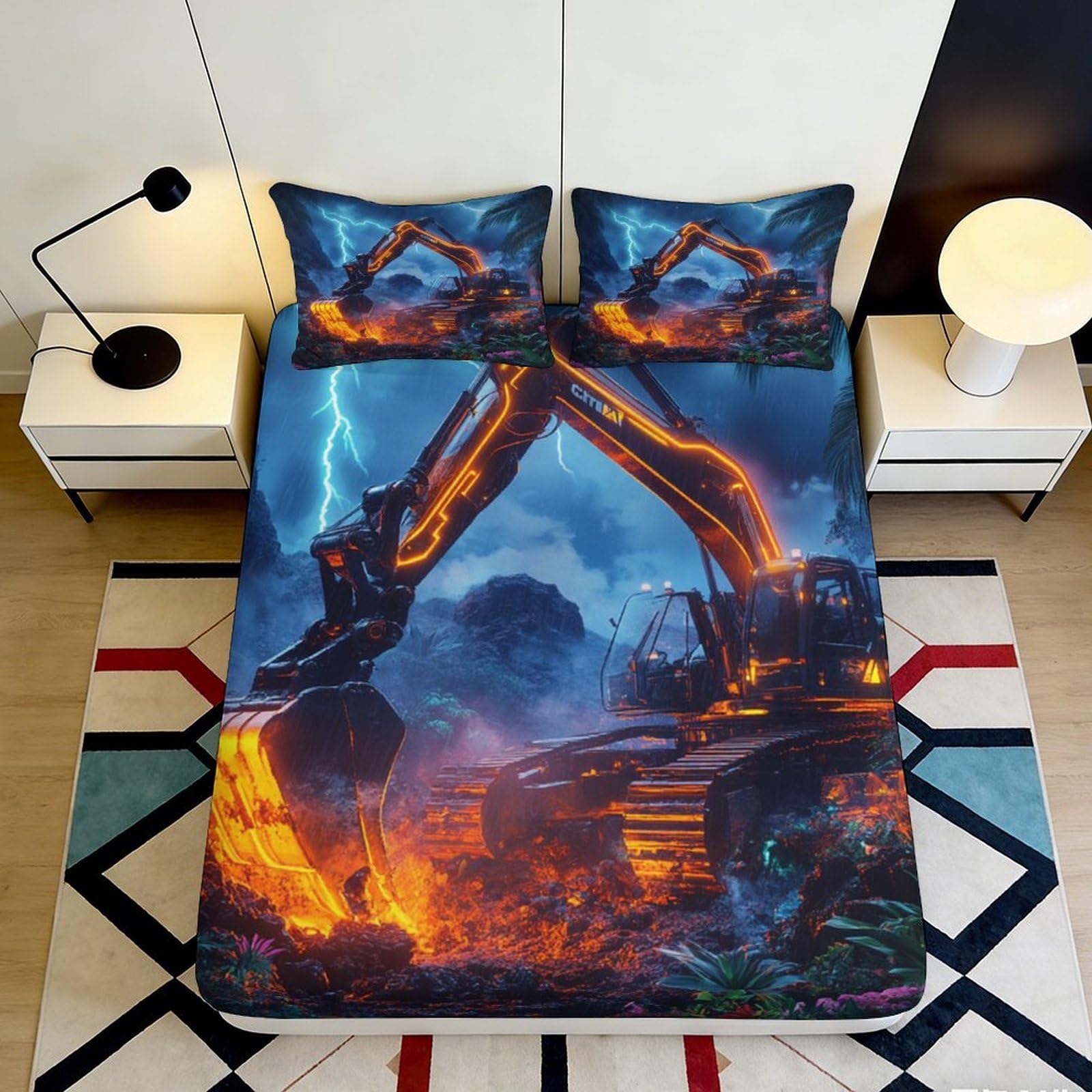 3D Printed Excavator Fitted Sheet Microfiber Durable Storm Lightning Bed Cover for Bedroom Dormitory Guest Room Mattress Protection Decoration 180x200x25cm