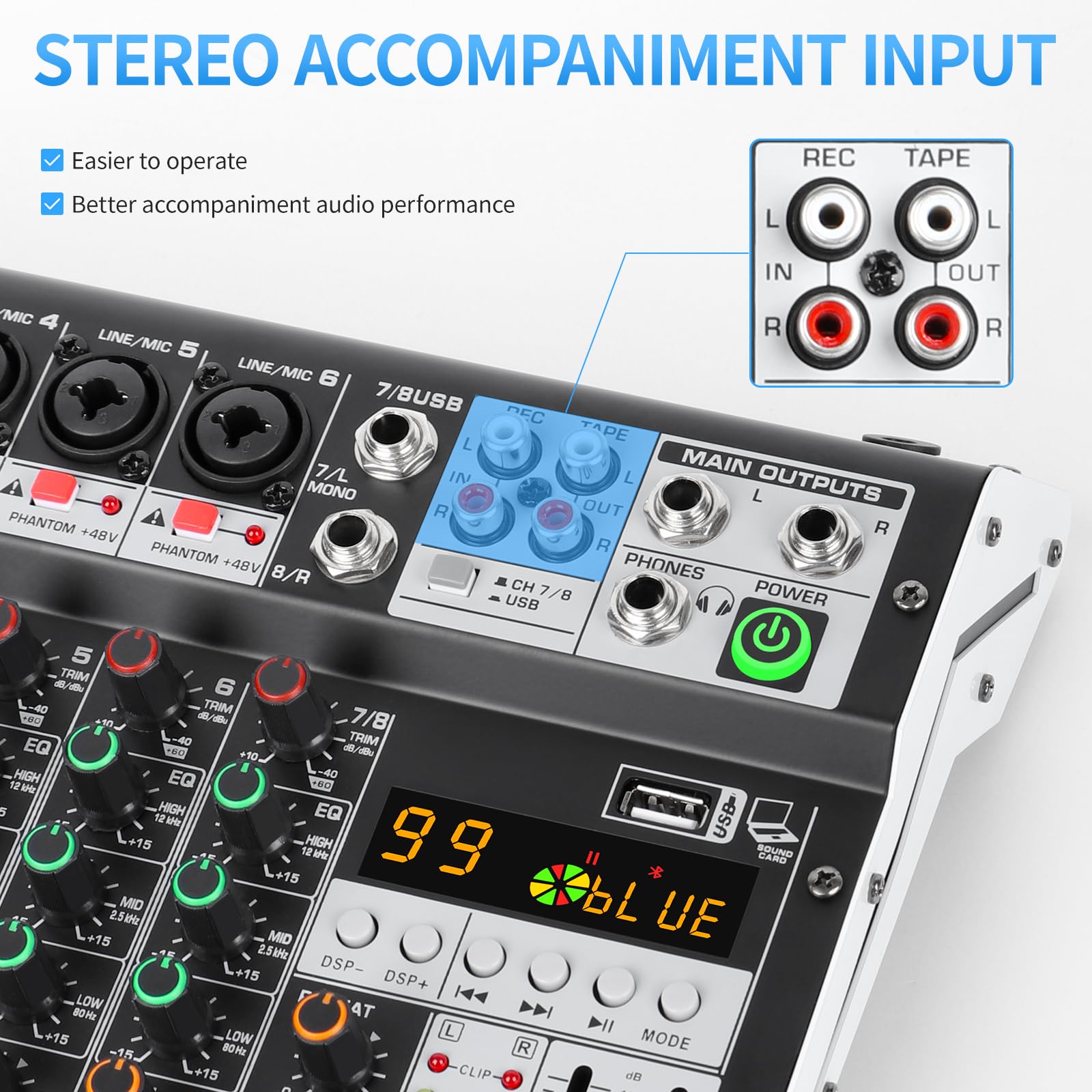XTUGA Mezclador de audio de 8 canales de 8 m para podcasting, grabación, actuaciones, consola de mezcla de tablero de sonido DJ con 99 efectos DSP, alimentación fantasma de 48 V, Bluetooth