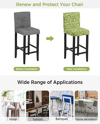 Miniatura 3 de Juego de 4 fundas para taburete de bar botánico tropical, color verde y beige, diseño moderno de arte abstracto estético, funda elástica para silla