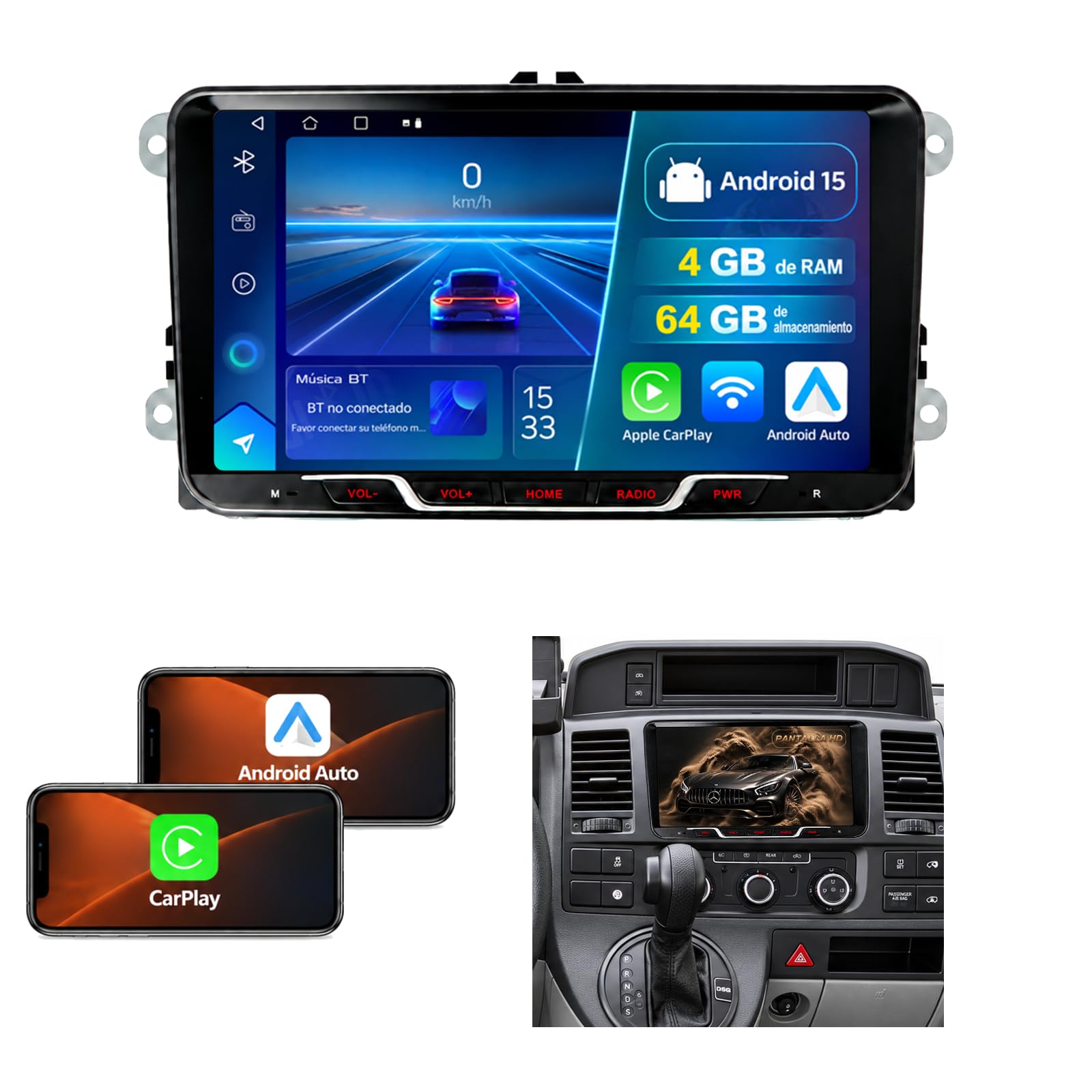 Radio Android 15 VW Caravelle T5 T6 2009 – 2019, 9 Pulgadas, 2 DIN, 4+64GB