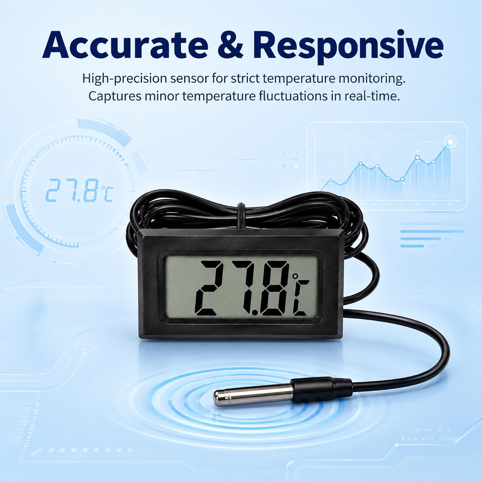 Digitales Thermometer mit externer Sonde, Temperaturfühler für Kühlschrank, LCD-Display, Bereich -50 °C bis +110 °C, Kabel 1 m, Batterien im Lieferumfang enthalten, Gefrierschrank, Aquarium, Bad, Auto