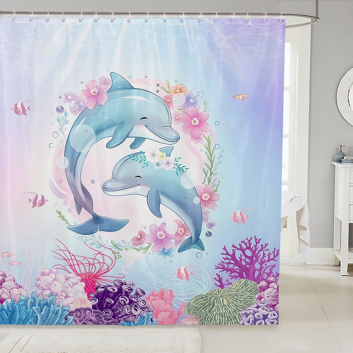 Cute Dolphin Shower Curtain,Watercolor Ocean Fish Coral Bathroom Curtain for Kids Girls Boys Teens Room Decor Cartoon Sea Life Waterproof Curtain Fantasy Pink Blue Bath Curtain,12 Hooks,72"Wx84"L