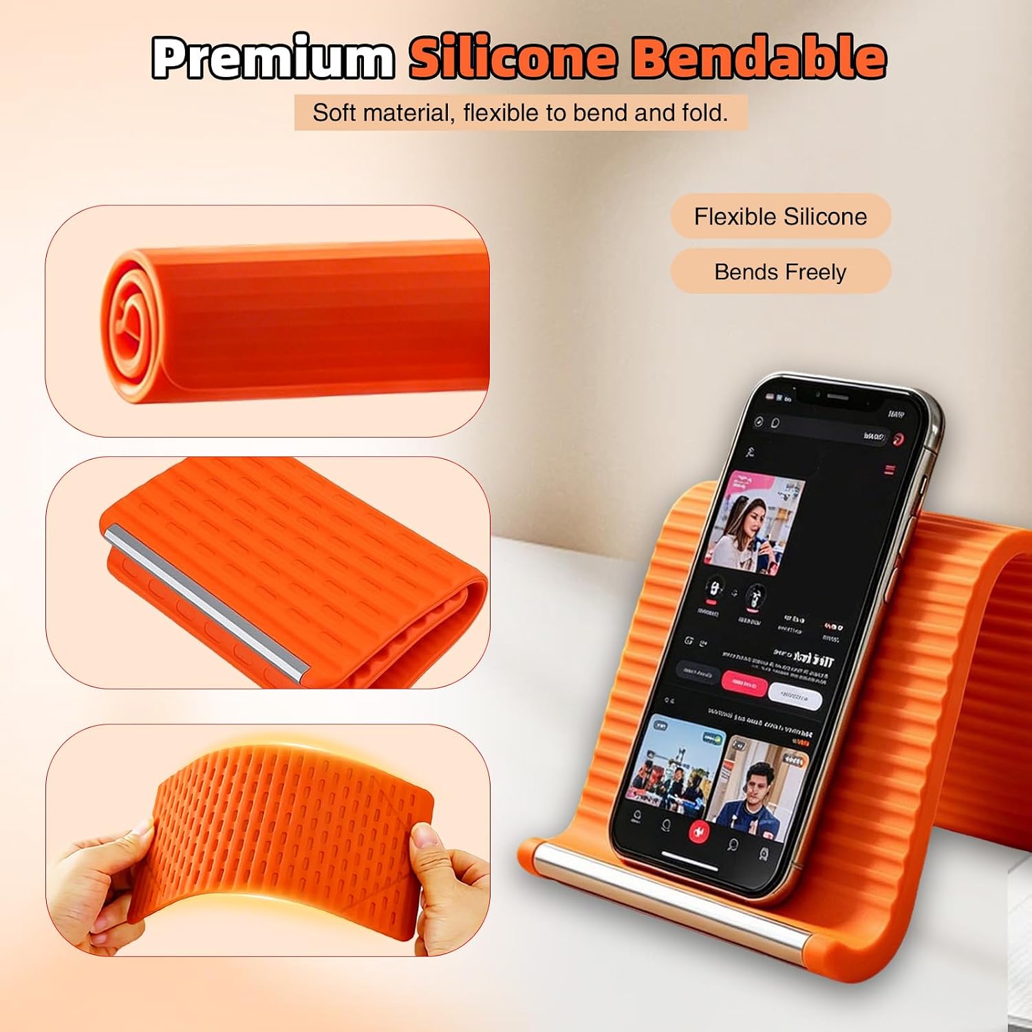 Flexible Silicone Phone Stand, 2Pcs, Orange Black Dual Color | Foldable, Adjustable, Anti-Slip Aluminum, Desktop Stand, For Phone Tablet Laptop
