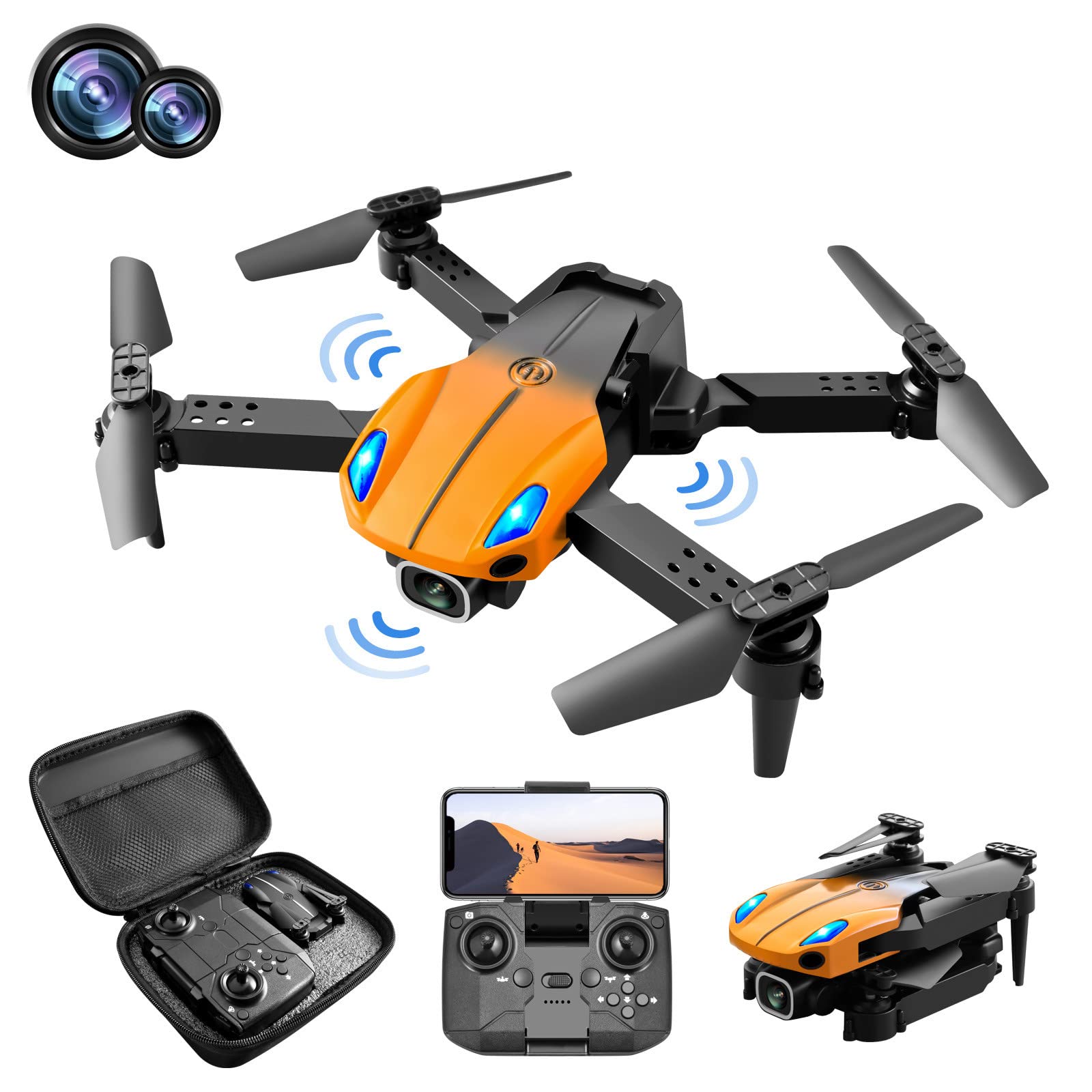 Tinker Crate Avoidance Foldable Toy Helicopter Airplane Quadcopter KY907 Camera PRO Mini RC Obstacle FPV Drone WIFI 4K Helicopter Servos (Orange, One Size)