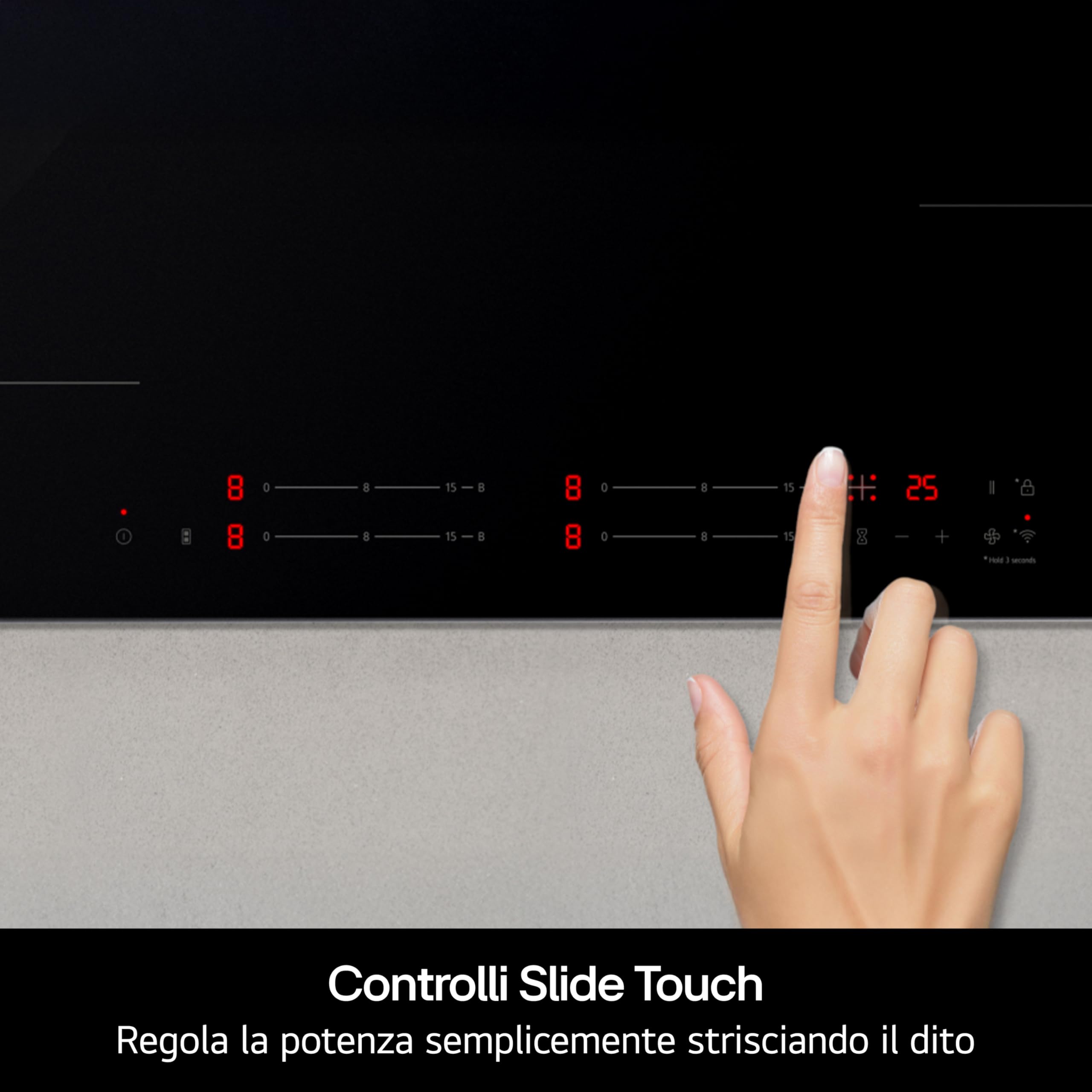LG CI5Z3025BN Piano Cottura Induzione 75 cm, Potenza da 2.5 a 7.4kW, 4 Zone Totali, 1 Zona Flex, 15 Livelli di Potenza + Boost, Controlli Touch Slide Indipendenti, Wi-Fi, Vetro Ceramico, Nero