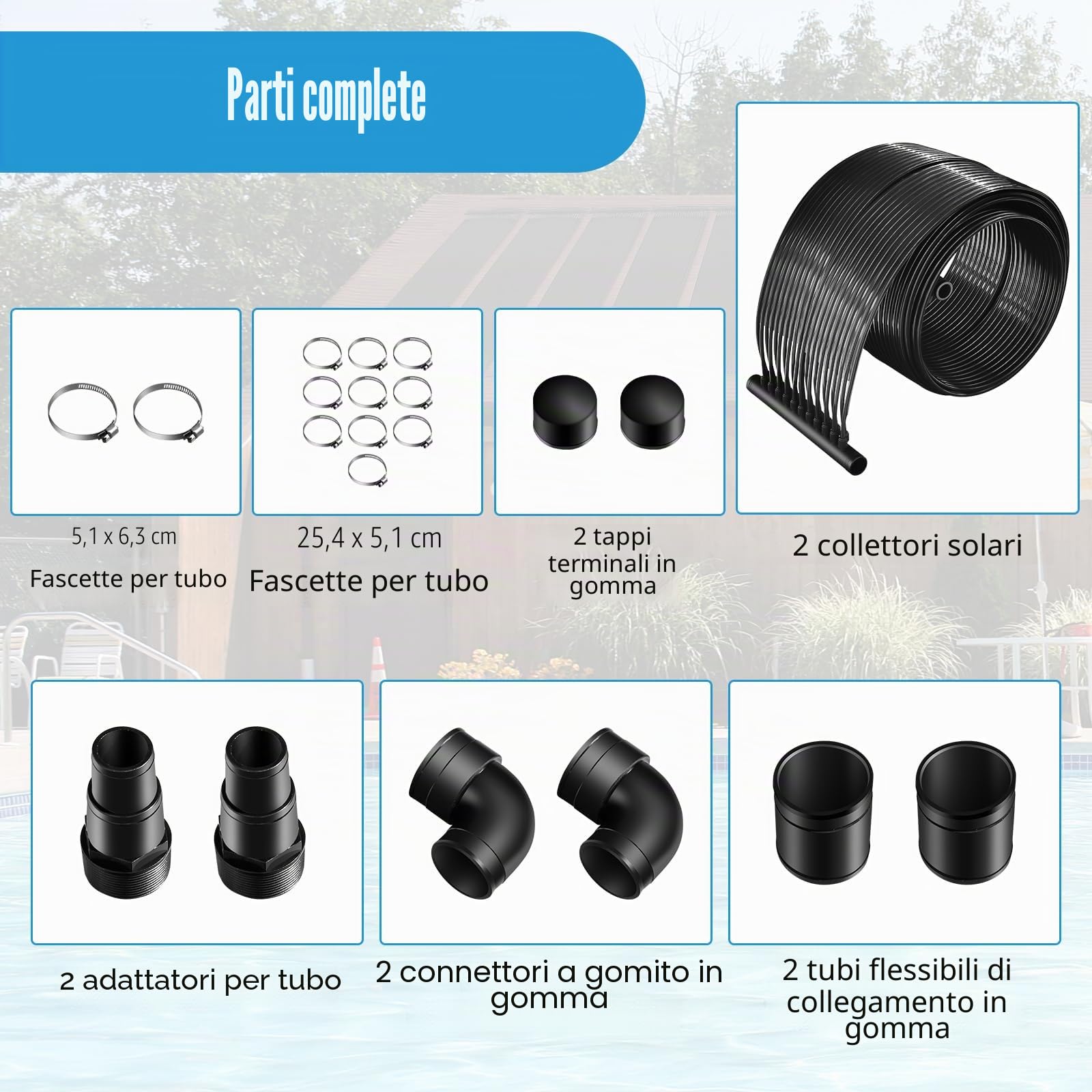 SOARS Riscaldatore Solare, Set di 2 Pannelli Solari per Piscina Fuori Terra, Materiale PE di qualità, Set di Accessori Completi, per Piscina Fino a 12000L di Acqua, Nero (3 x 0,75 m)
