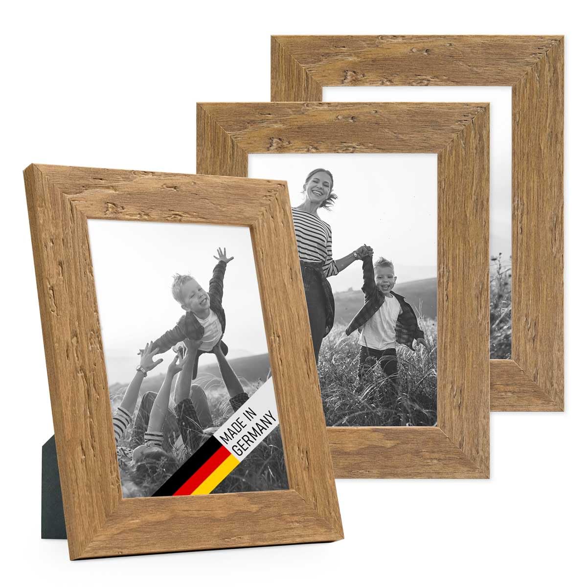 PHOTOLINI Cornici in legno 13x18 cm in look rovere, set di 3 cornici per foto in vero legno rustico, con vetro, da tavolo o da parete, accessori extra - aspetto legno naturale di deriva