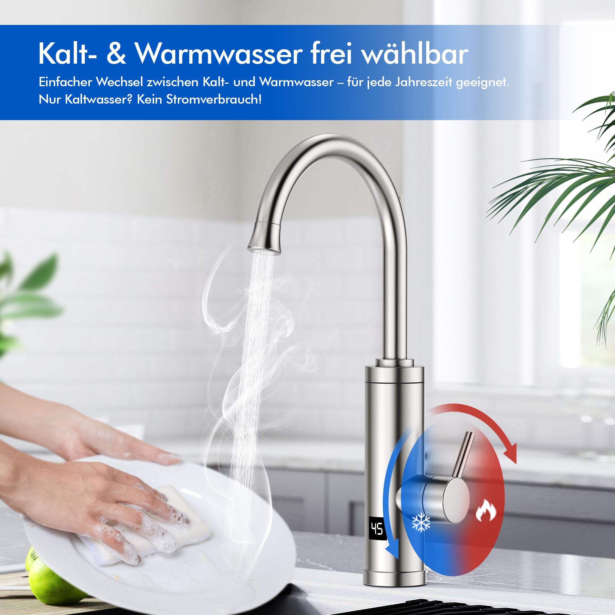 HOMELODY Wasserhahn mit Durchlauferhitzer 230V, GS-Zertifizierung Elektrischer Wasserhahn Sofort Heißes Küchenarmatur mit LED-Display, Anti-Spritz Edelstahl Küchenarmatur, Durchlauferhitzer Küche
