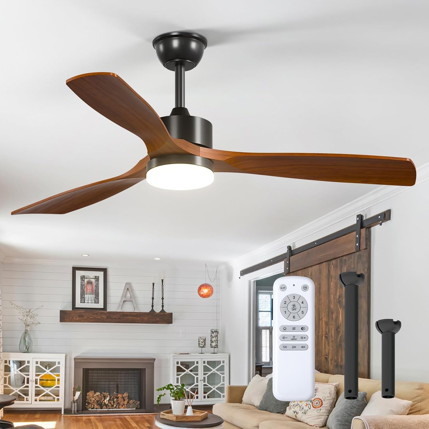 addlon 52 Inch Black Walnut Ceiling Fan with Lights & Remote - Reversible 6-Speed, Dimmable 3CCT, Quiet Wood Blades for Bedroom, Patio, Living Room