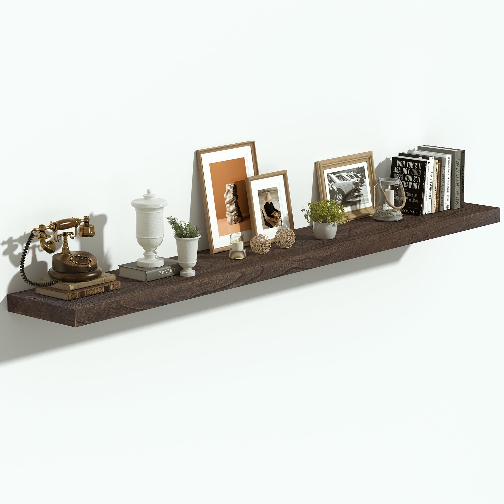 Vivelove Elm Wood Floating Shelf 55x8” Set of 1, Dark Walnut