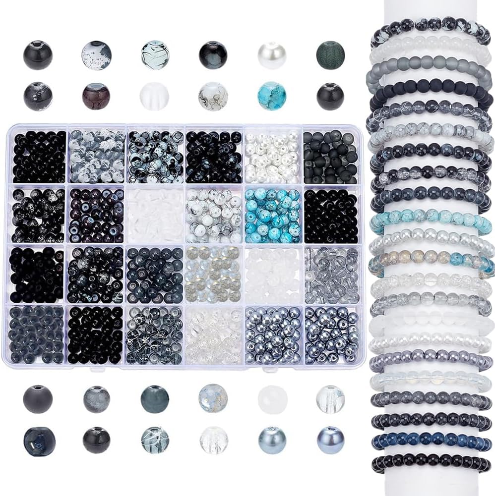 PH PandaHall 768pcs 6mm Round Glass Beads, 24 Style Black White Bracelet Beads Marble Loose Beads Spacers for Halloween Ramadan Earring Necklace Bracelet Jewelry Making