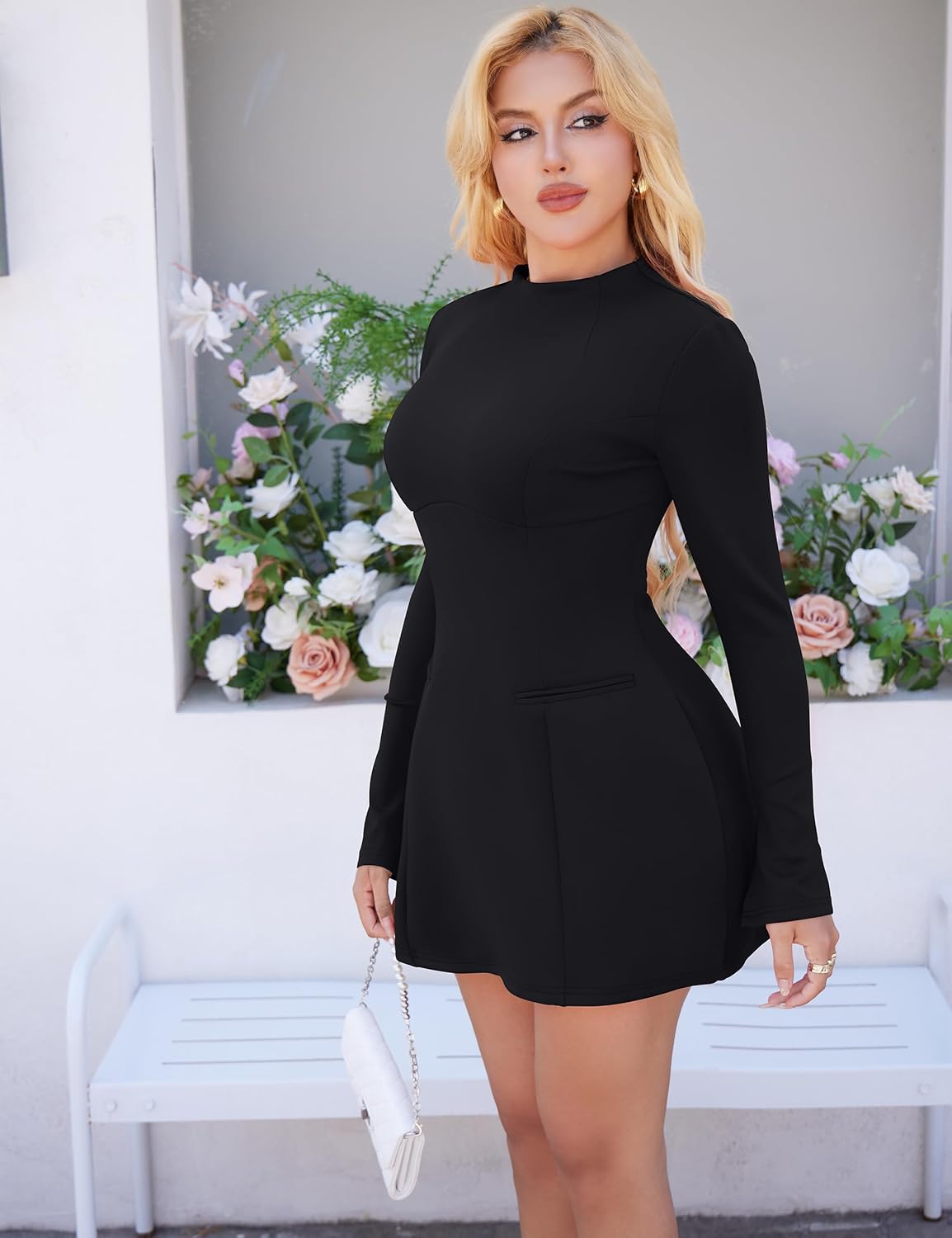 YMDUCH Women's Elegant Long Sleeve Mock Neck Backless A-line Party Mini Dress - Image 5