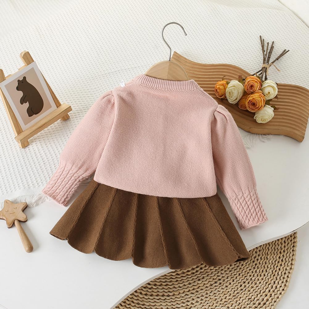 OMEWEE Set di maglioni per ragazze Cardigan lavorato a maglia gonna a pieghe per bambini 2 pezzi abiti compleanno ricamo floreale sudore maglione a maniche lunghe gonna midi autunno abbigliamento