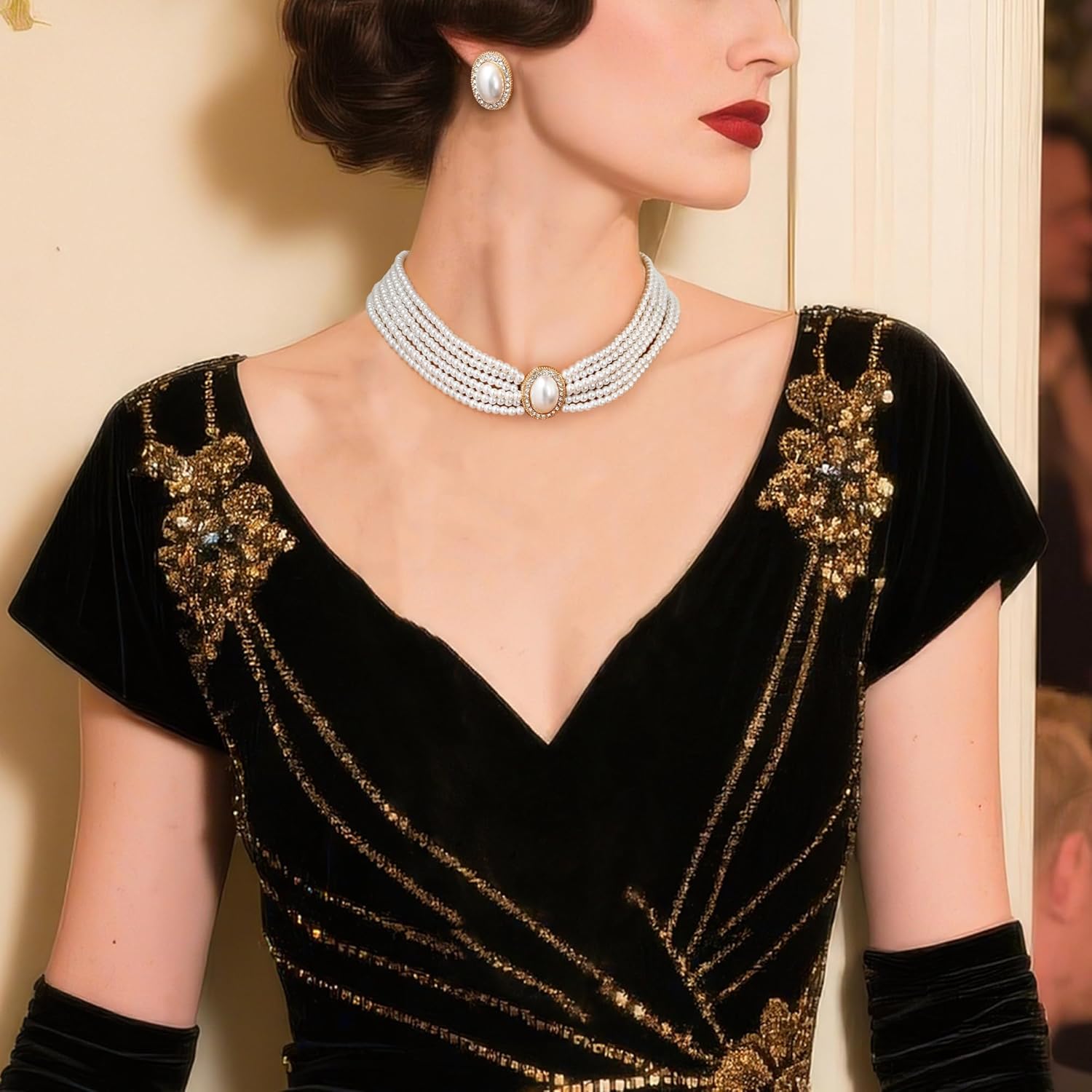 BriLove Vintage 1920s Costume Jewelry Multilayer Imitation Pearls Shiny Strand Choker Necklace Large Dangle Earrings for Women Wedding Halloween Cosplay Party Prom Accessories