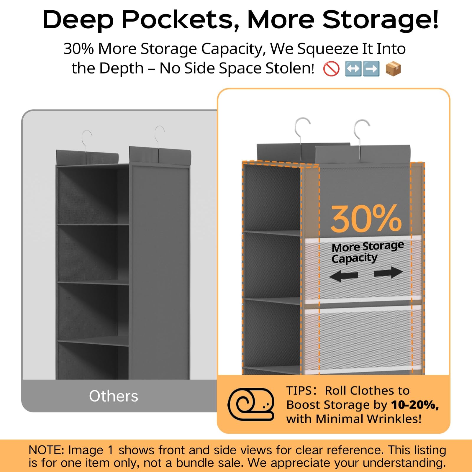 ALLTIDYUP Extra Deep Hanging Closet Organizer with 6 Shelves and Oversized Mesh Pockets, Heavy-Duty Structure, No Deformation, Max Storage for Clothes, Shoes, Hats, Dorms and RVs, Grey,1-Pack