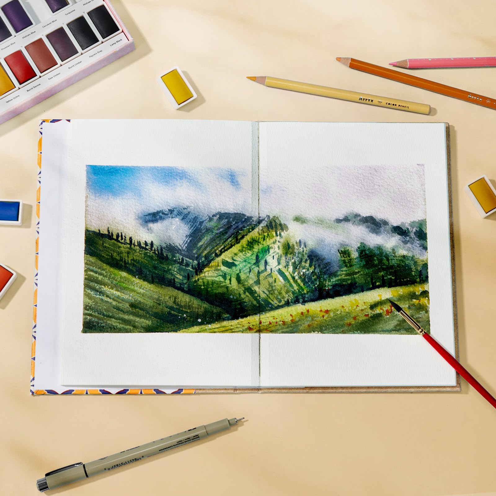 Arrtx Watercolor Sketchbook, 8.27x5.98'', 140 LB, 300 GSM, 100% Cotton Paper, Cold Press, 24 Sheets, Hardcover Watercolor Journal for Use As Travel Notebook for Artists Adults Students image 8