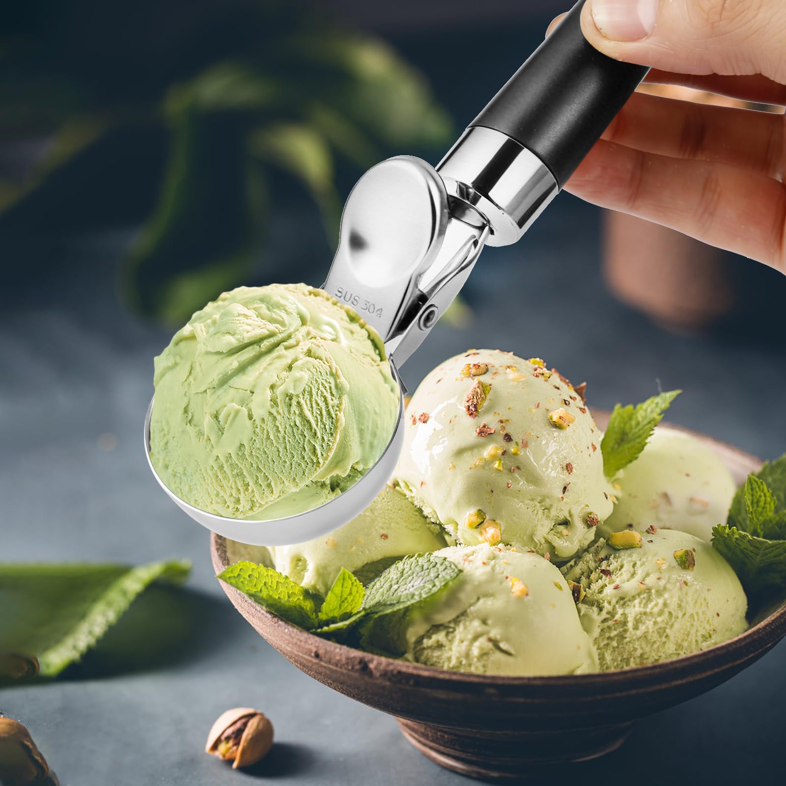Porzionatore per Gelato in Acciaio Inox 21 cm - Cucchiaio per Gelato con Grilletto e Impugnatura Comoda, Antiadesivo