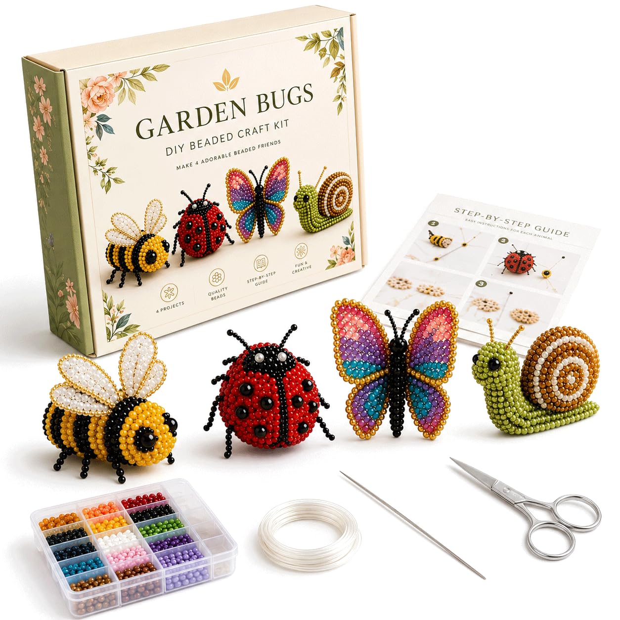 4Pcs 3D Beaded Animal DIY Kit, Tiny Bead Making Kits for Adults, 3D Art Embroidery Craft Set with Cute Insect Design, Stress Relief Creative Desk Decor Handmade Gift