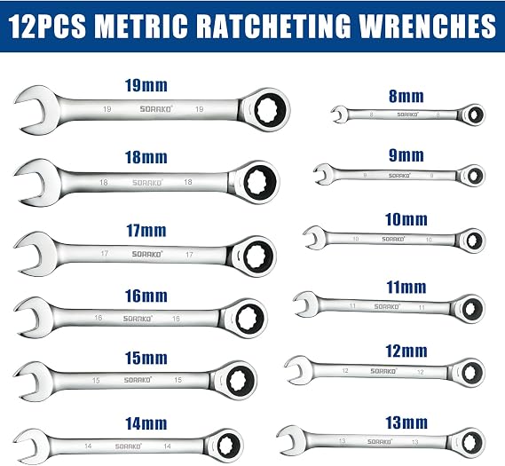 SORAKO Ratchet Spanner Sets, 12PCS Combination Wrenches, 72 Tooth Ratchet Gear 8-19 mm Metric Spanner Set, Fixed Head Combination Spanner Set in Roll Bag