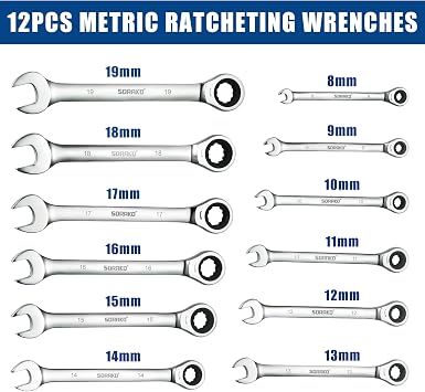 SORAKO Ratchet Spanner Sets, 12PCS Combination Wrenches, 72 Tooth Ratchet Gear 8-19 mm Metric Spanner Set, Fixed Head Combination Spanner Set in Roll Bag