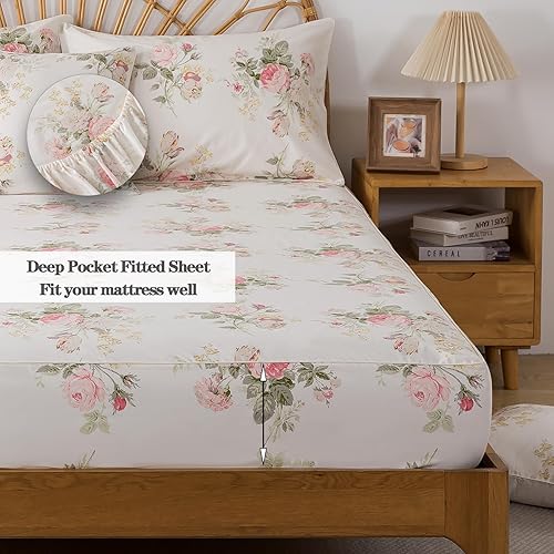 Miniatura 4 de FADFAY Juego de sábanas para cama de tamaño king 100% algodón, 4 piezas, estampado floral de rosas rosadas, ropa de cama impresa, sábanas suaves y