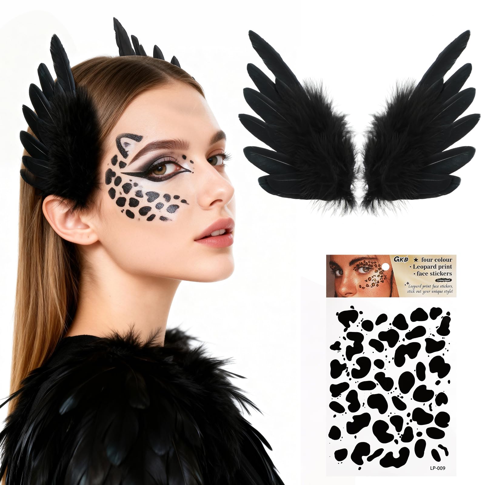 MWOOT Black Feather Hair Clip for Women, Crow Feather Headpiece, Angel Wing Feathers Hair Accessories with Leopard Print Temporary Tattoo for Halloween Decoration Carnival Costumes Cosplay Party