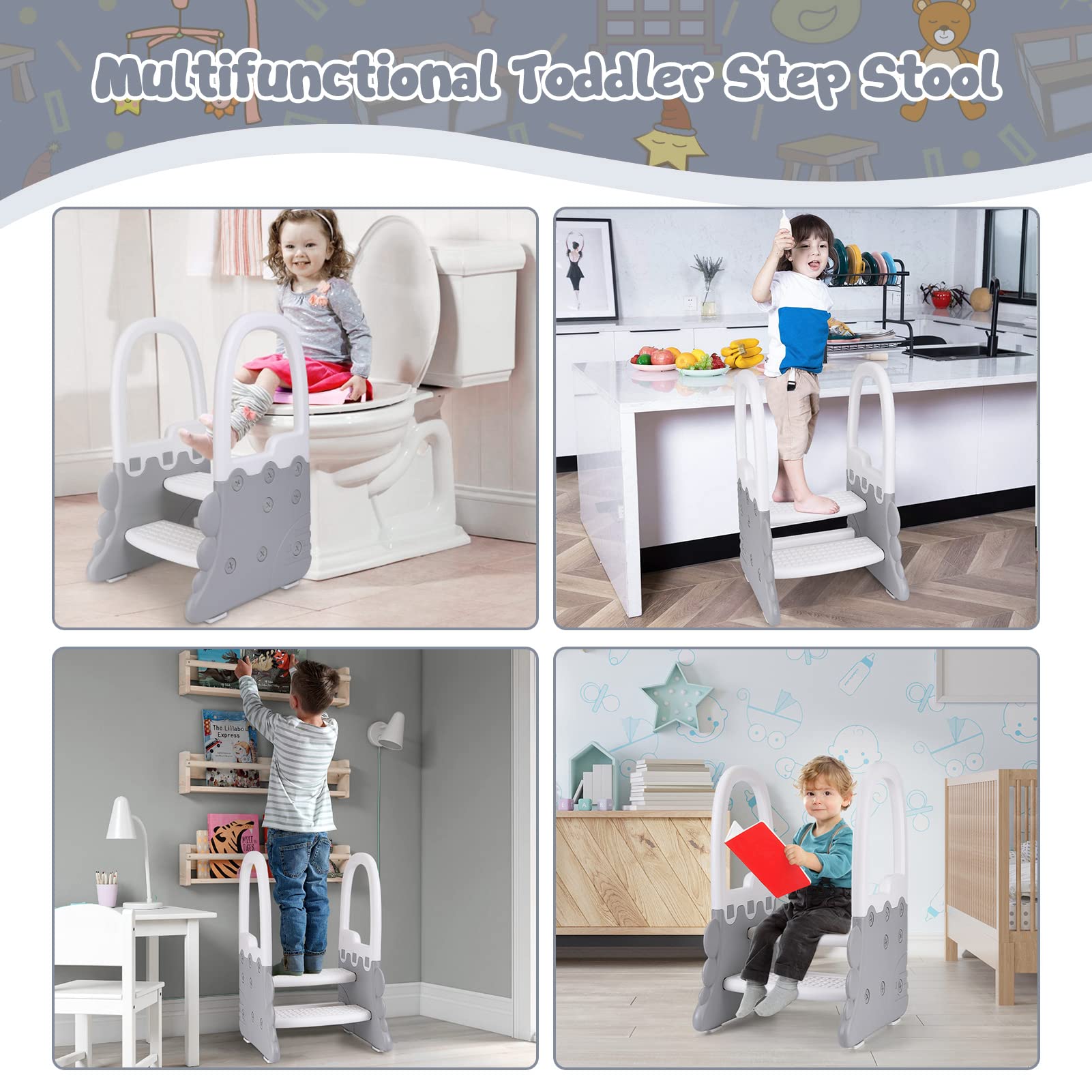 GarveeHome Torre di apprendimento 2 gradini per bambini con corrimano - sgabello per bagno e cucina, base larga anti-ribaltamento, plastica ABS atossica, portata 118 kg, 41,6x41,1x66 cm