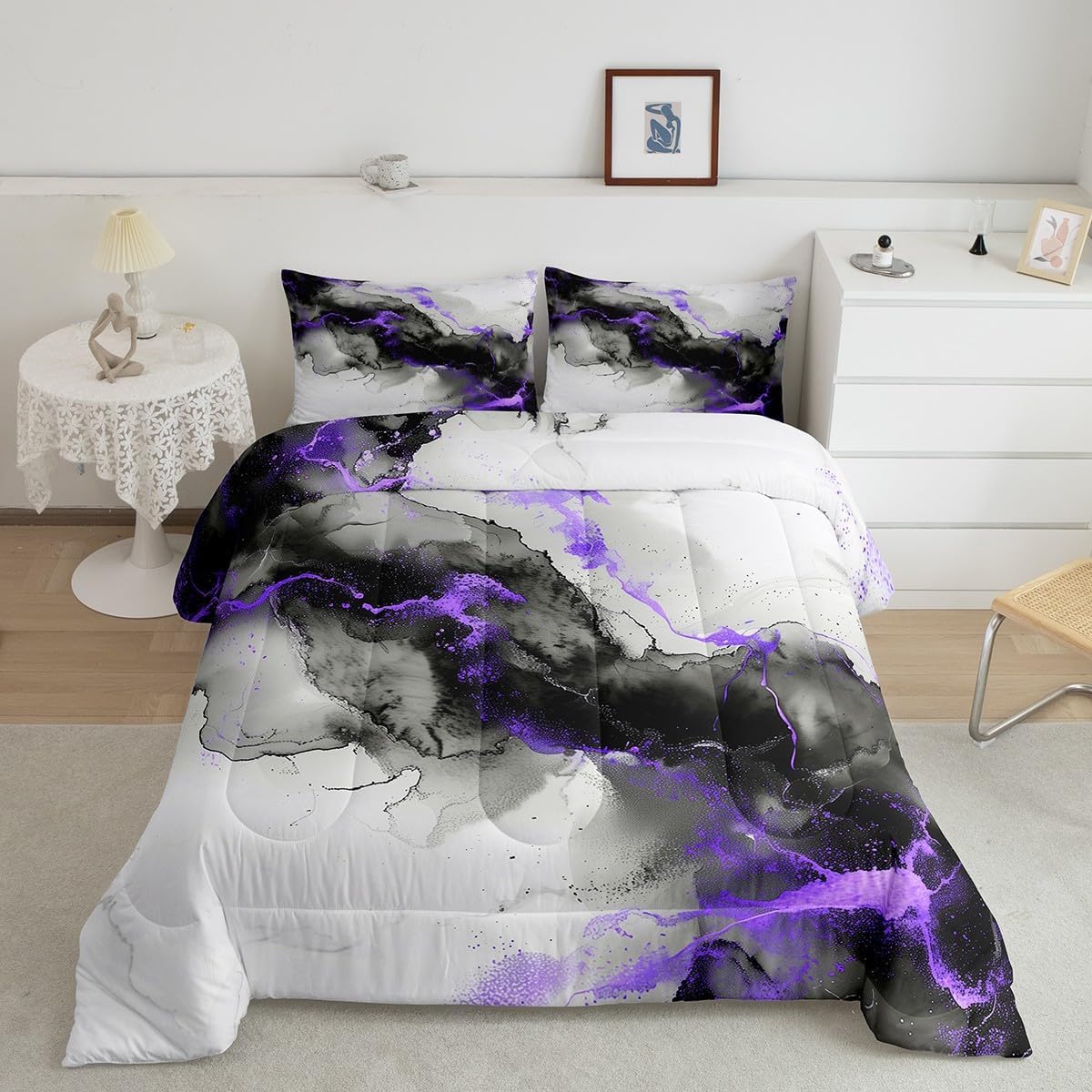 Erosebridal Black Purple Marble Queen Size Comforter Set Grey Marbling Bedding Set, Modern Aesthetic Down Comforter Mountain Fluid Bed Set, Foil Print Stone Pattern Quilted Duvet