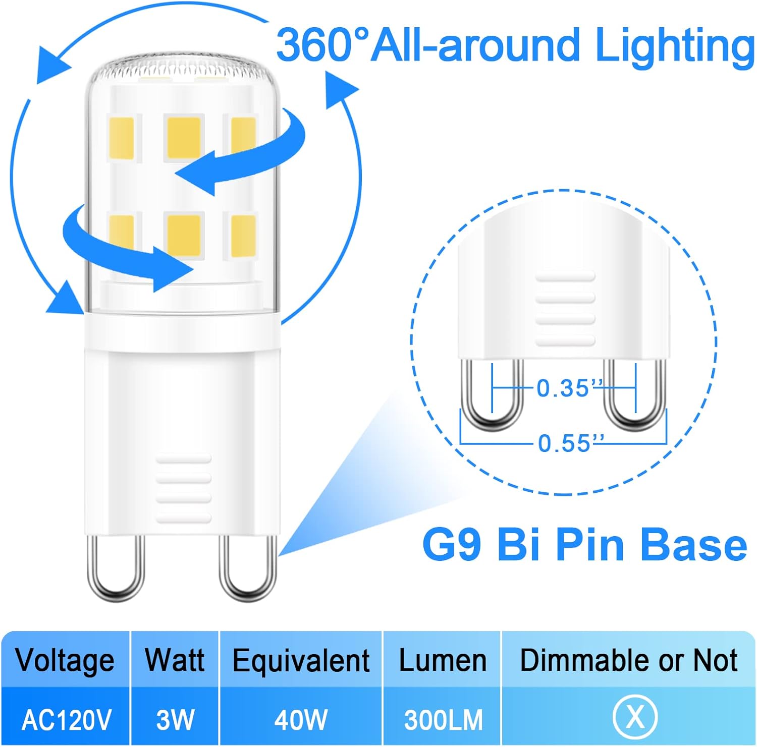8 Pack G9 LED Bulb, 40 watt Halogen Replacement, Daylight White 6000K, Non-dimmable T4 LED Bulb, G9 Bi Pin Base, 120V Small Light Bulbs for Chandelier, Bathroom Vanity Light Fixture