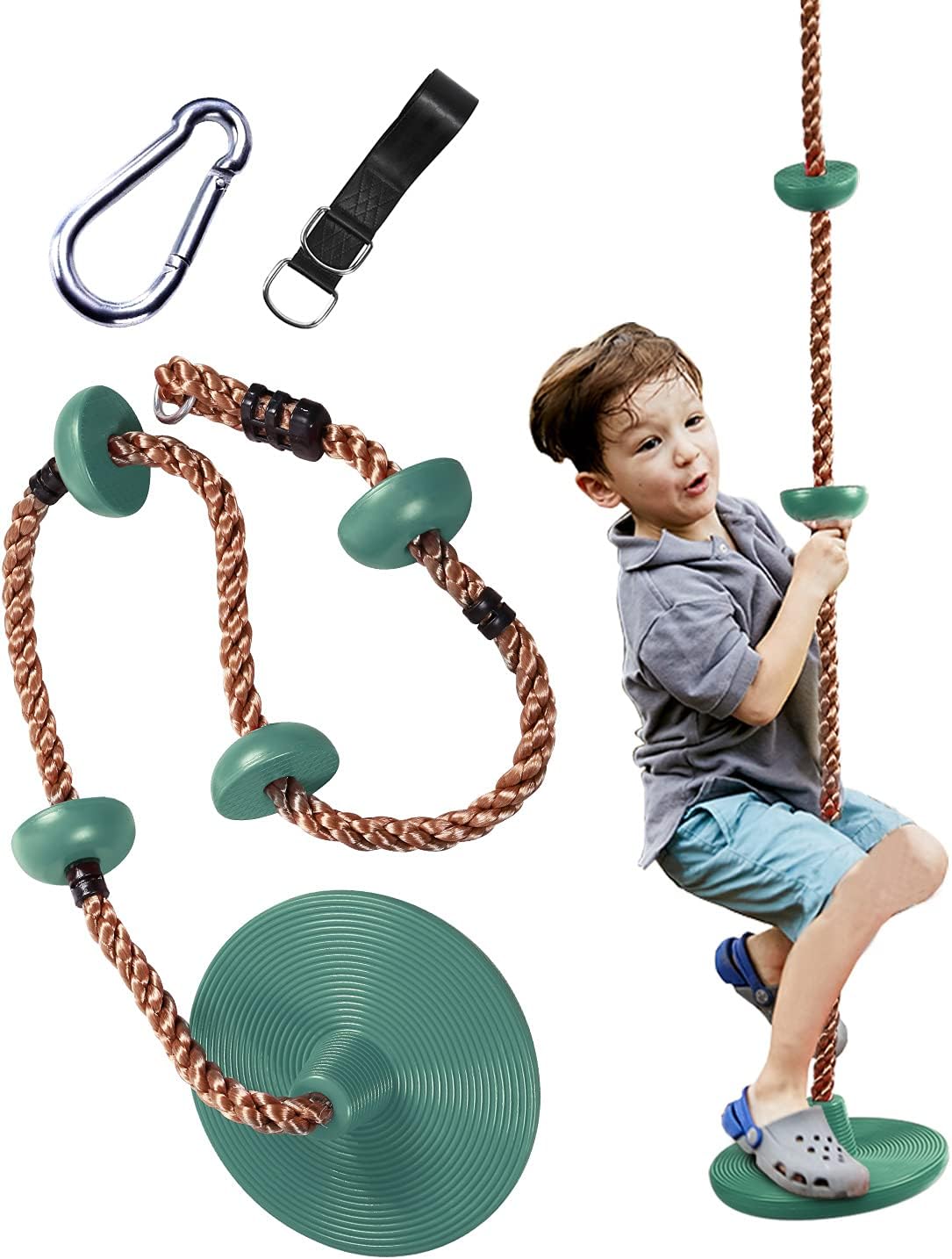 DomakerRope Tree Swing with Platforms and Disc Swing Seat, Playground Swing Set Accessories for Children, Trees House Tire Sauser Swing for Outside Playset, Green