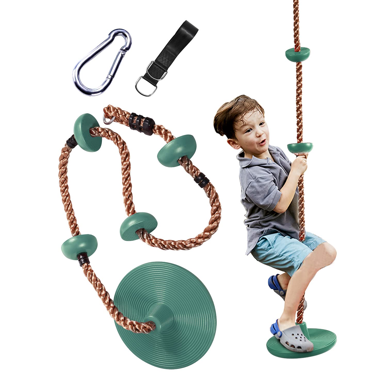DomakerRope Tree Swing with Platforms and Disc Swing Seat, Playground Swing Set Accessories for Children, Trees House Tire Sauser Swing for Outside Playset, Green