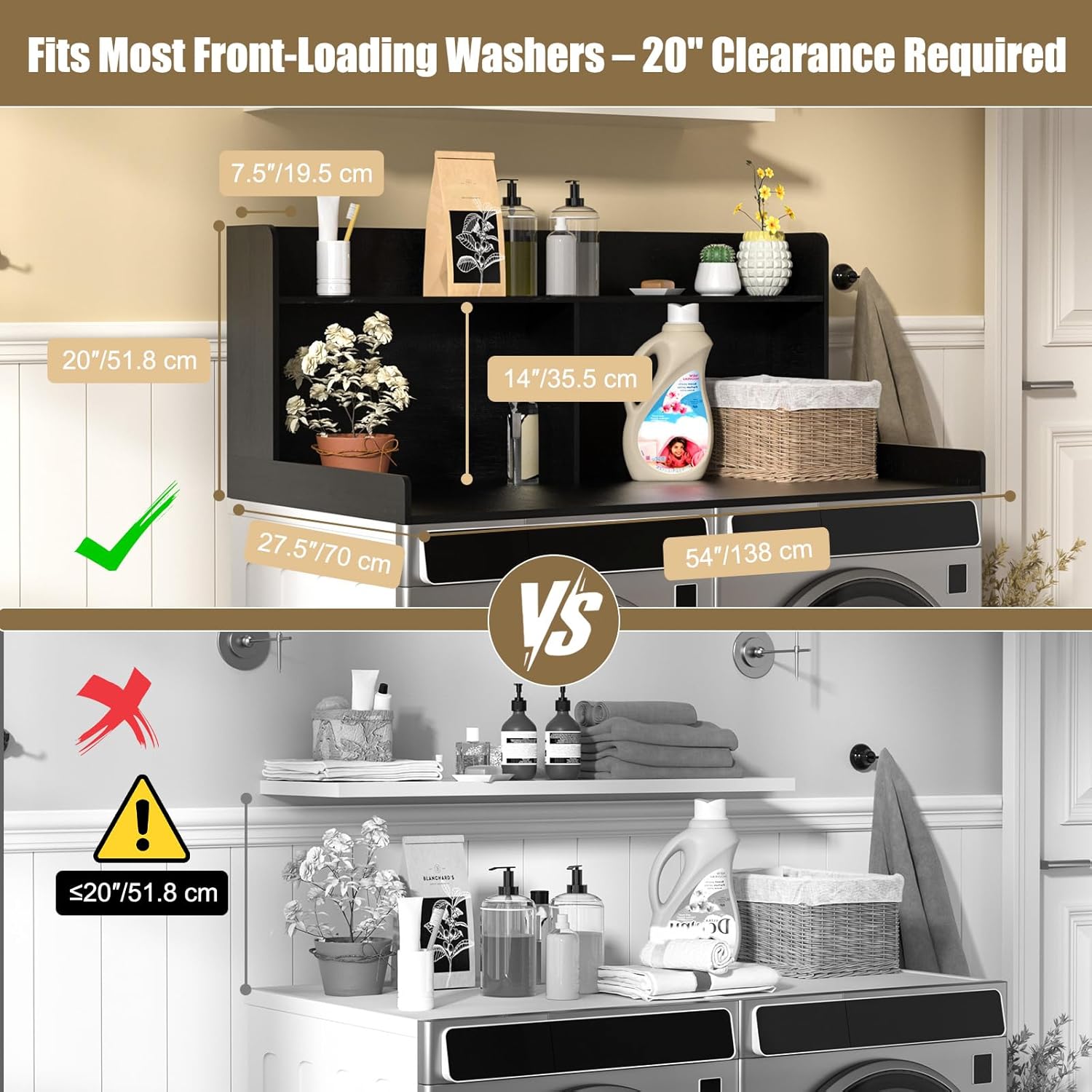 2-tier washer dryer countertop, washer and dryer countertop with shelf 54" w x 27.5" d laundry countertop over washer and dryer 20" h guard with non-slip pads large space for folding clothes black black 2-tier 54"wx27.5"dx20"h