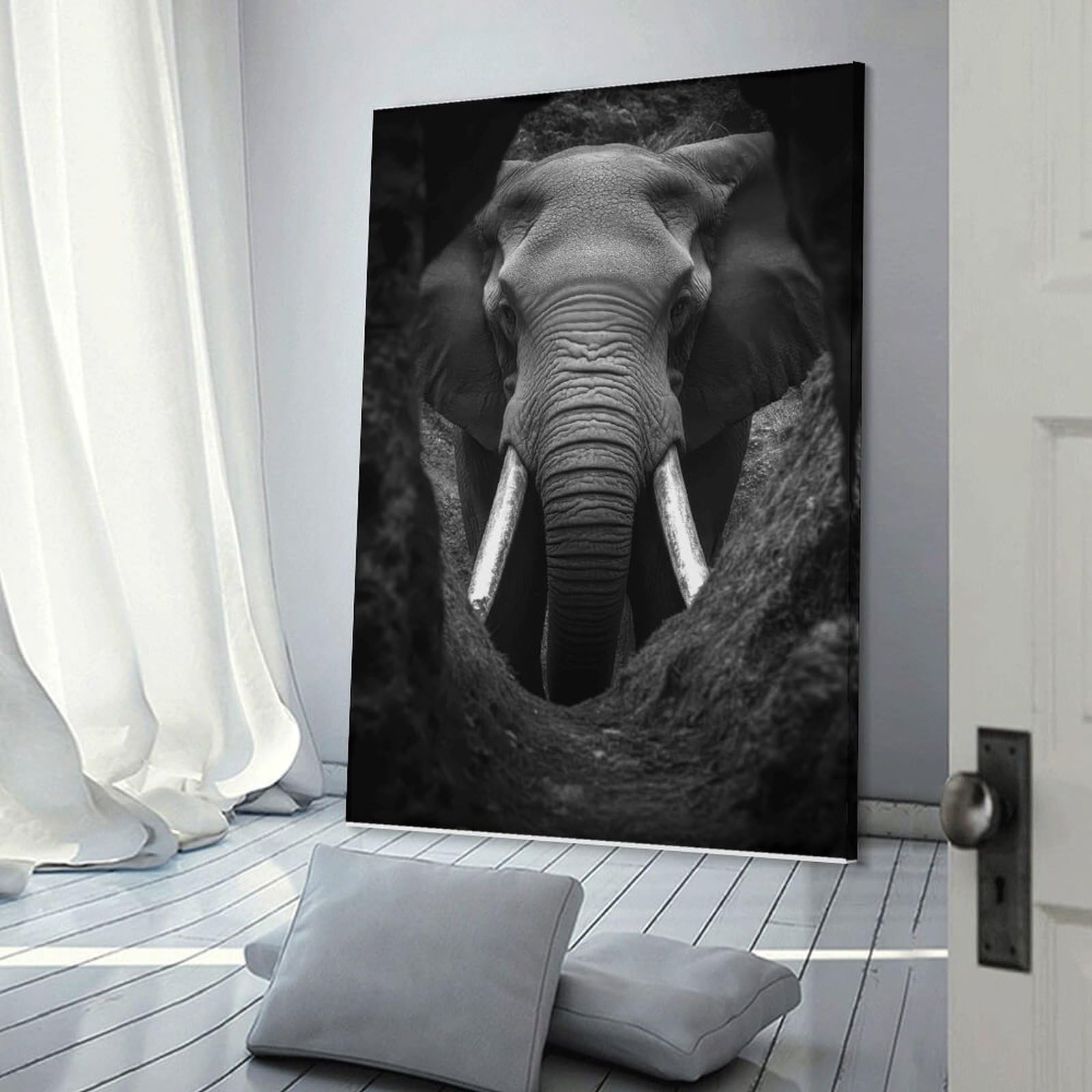 Junmoney Wild Elephant Encounter Decorative Wall Artwork 24x36inch(60x90cm), for Corridors, Hallways Or Apartment Entries, Home Artwork for First Impressions