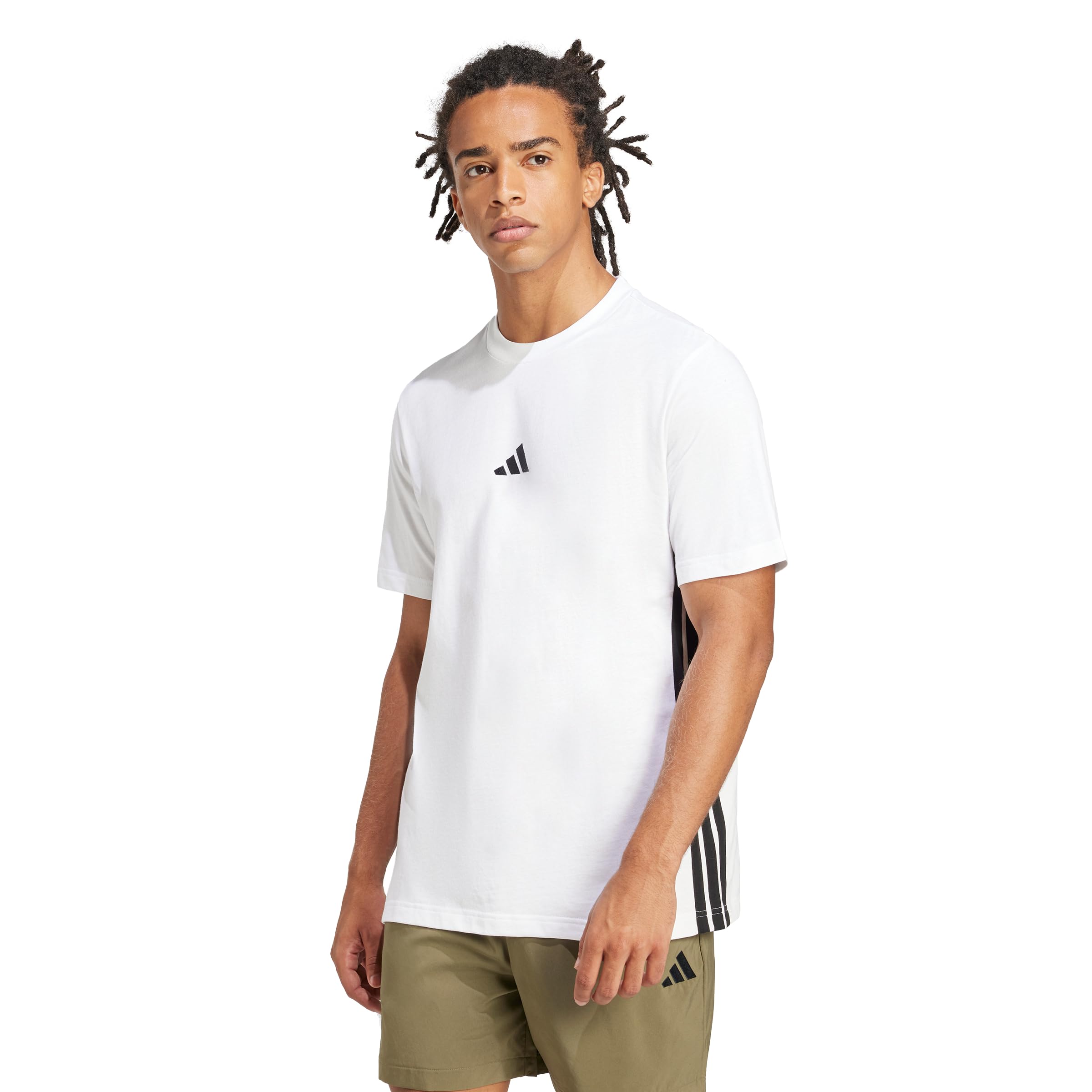 adidas Men's Essential Three Stripes Single Jersey Shirt, White/Black, XXL