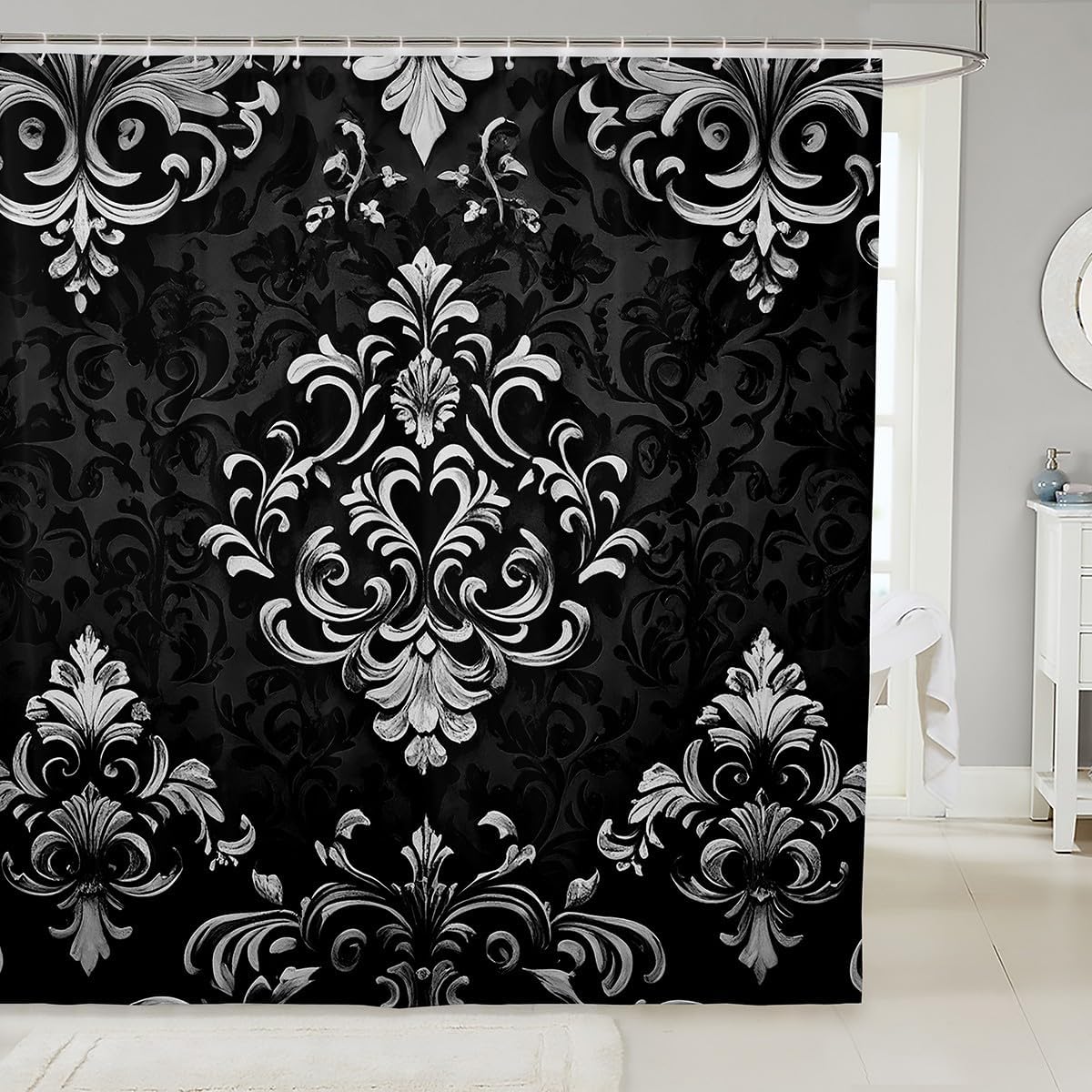 Erosebridal Black Grey Gothic Bathroom Accessories 72" Wx84 L,Vintage Boho Damask Floral Bathroom Curtain,Bohemian Exotic Goth Shower Curtain for Bathtub Victorian Baroque Flower Shower Decor