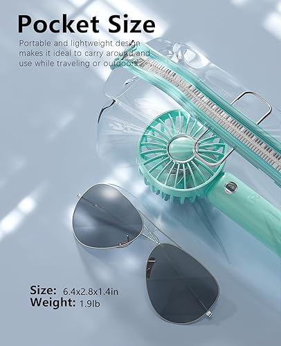 Vista 5 de Mini ventilador portátil de mano, pequeño ventilador personal con pilas, ventilador de pestañas, silencioso USB, recargable, 3 velocidades, Azul