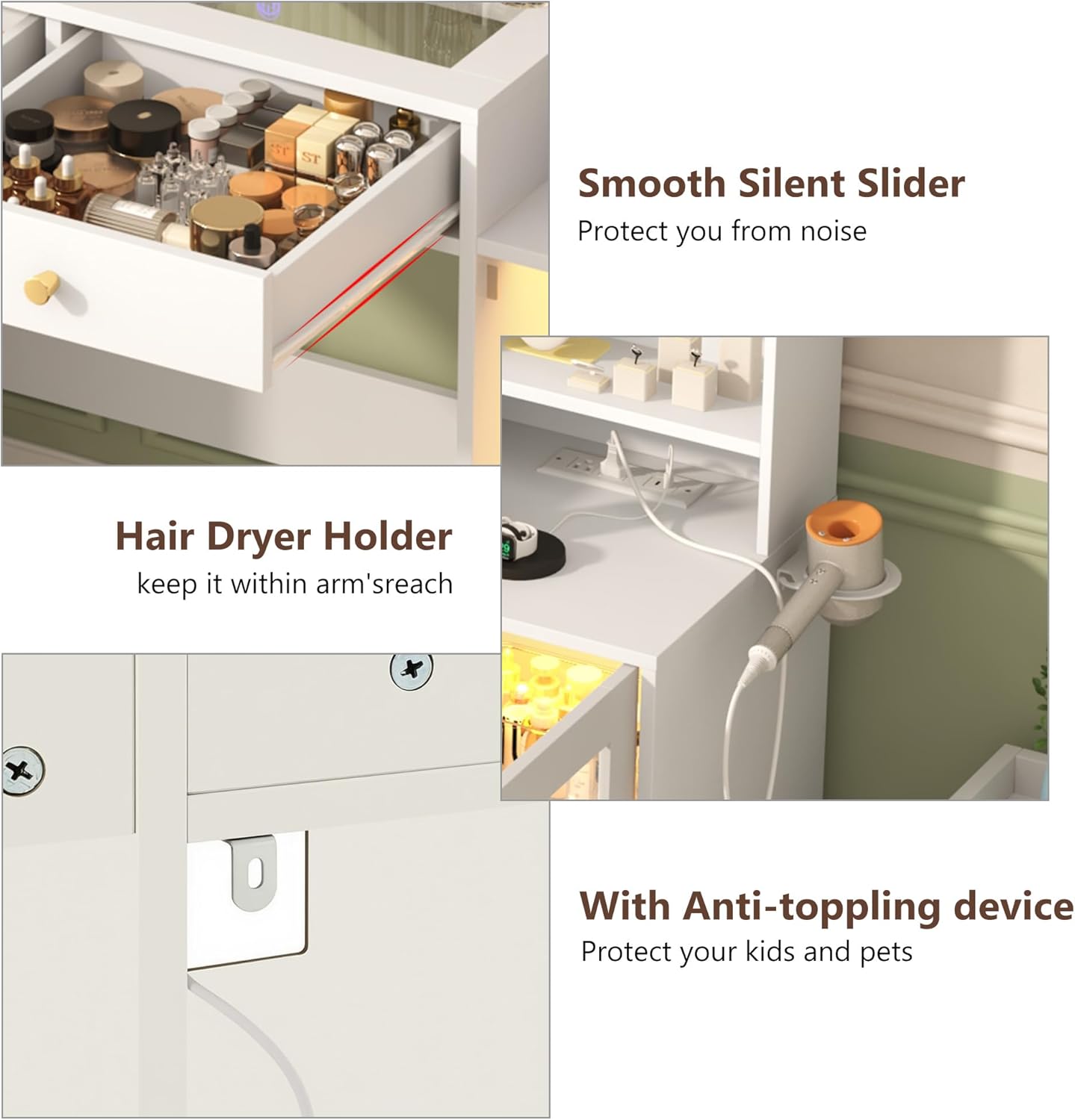 Smooth Silent Slider, Hair Dryer Holder, and Anti-Toppling Device