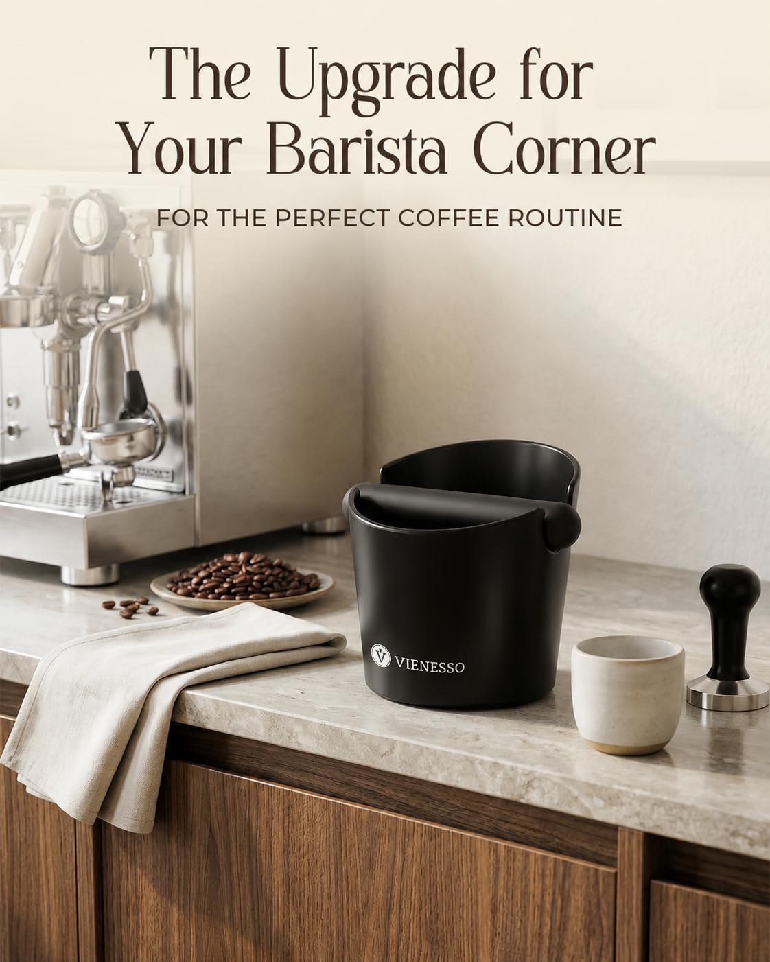 Espresso Knock Box, Coffee Grounds Bin for Espresso Machine, Quiet Non-Slip Padded Knock Bar, Fits 51/54/58 mm Portafilters, 1.2 L Holds 15 Pucks, Lift-Out Bar Empties in One Move
