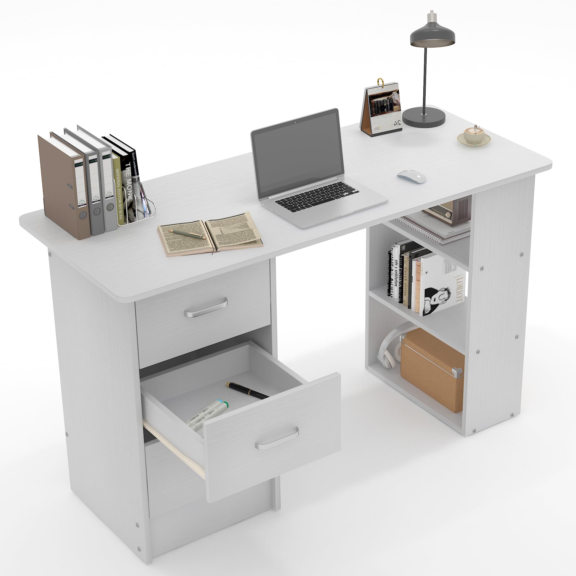 DEYAOPUPU Computer Desk with Drawers,Standing Desk with Storage Racks,Writing Desk for Home Office or Bedroom (White)