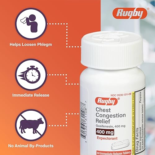 Miniatura 3 de Rugby Alivio de la congestión de pecho Guaifenesina 400 mg expectorante - 60 tabletas de liberación inmediata