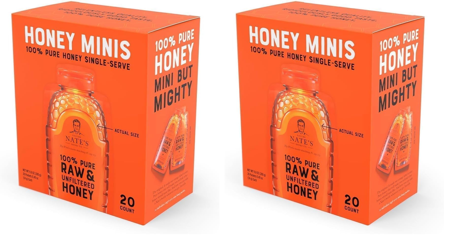 Nate's Honey Minis - Single-Serve 100% Pure, Raw & Unfiltered Honey – 0.49oz Packets, 20ct box (Pack of 2)