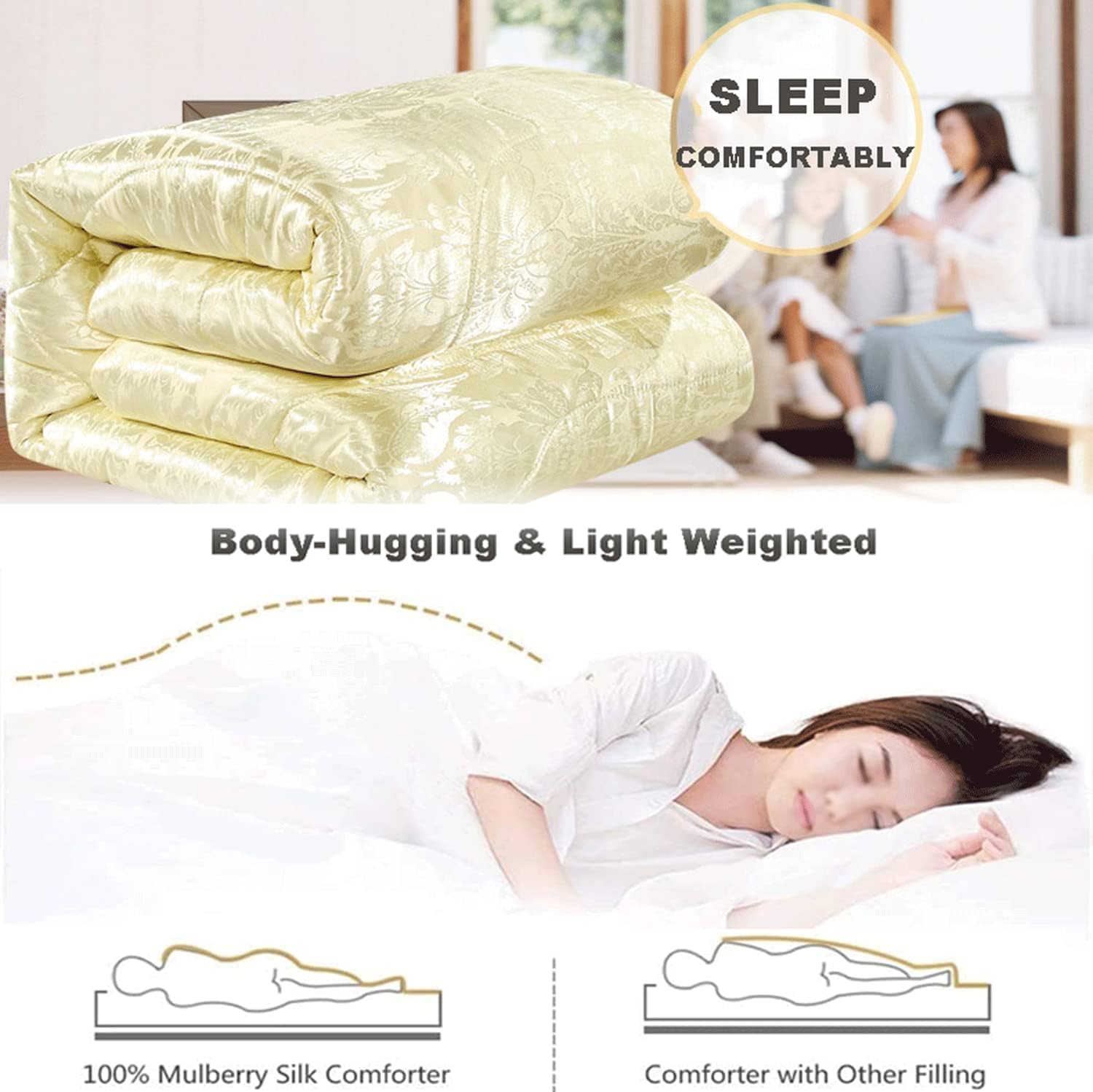 オールシーズンシルクコンフォーター羽毛布団キルト、100％ロング