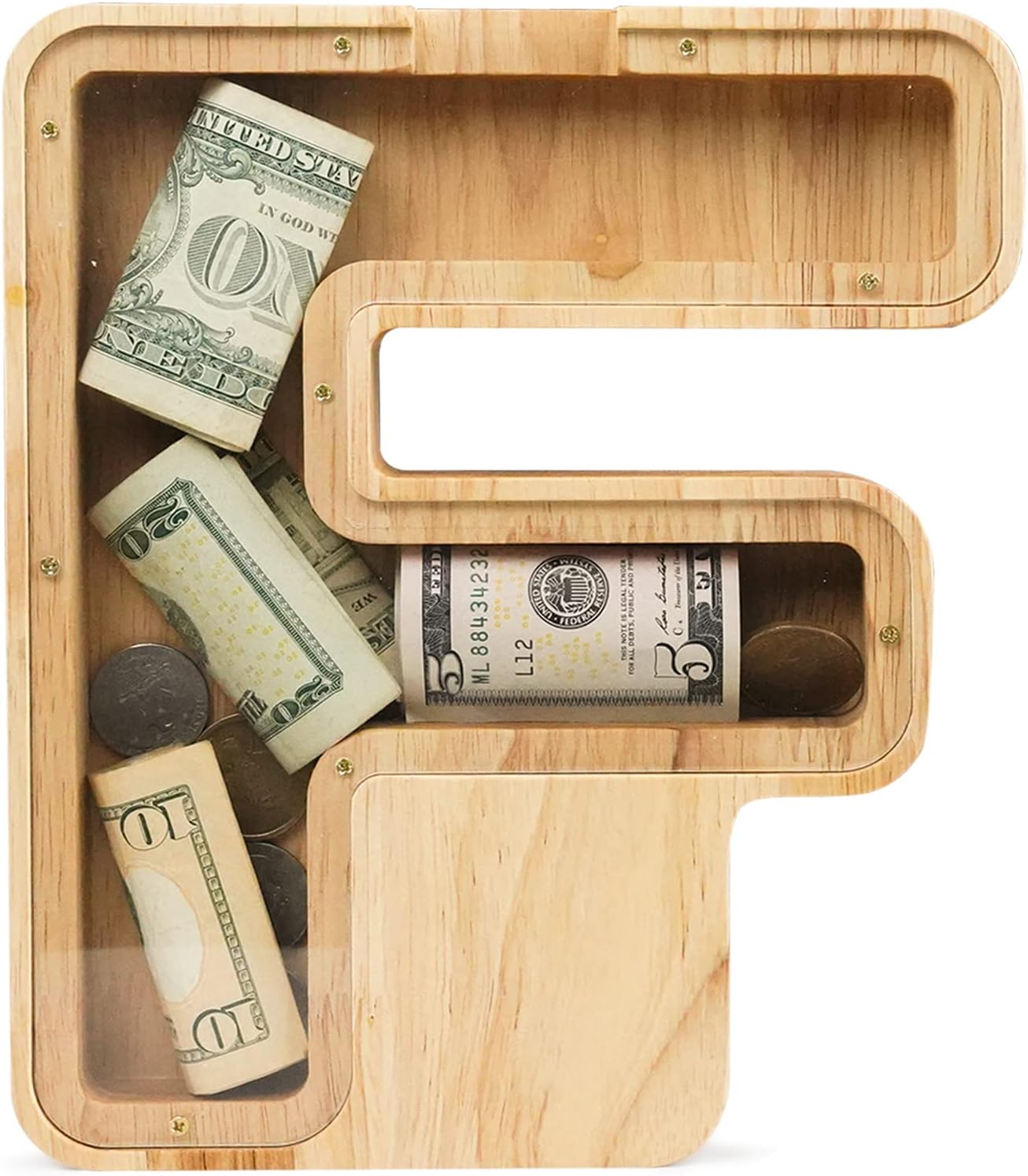 WOOD CITY Letter Piggy Bank for Adults Boys Girls Kids, Wooden 9 inch Large Personalized Bills and Coins Bank Money Box, Customized Name DIY Creative Gift for Real-Money, Alphabet Decorations (F)