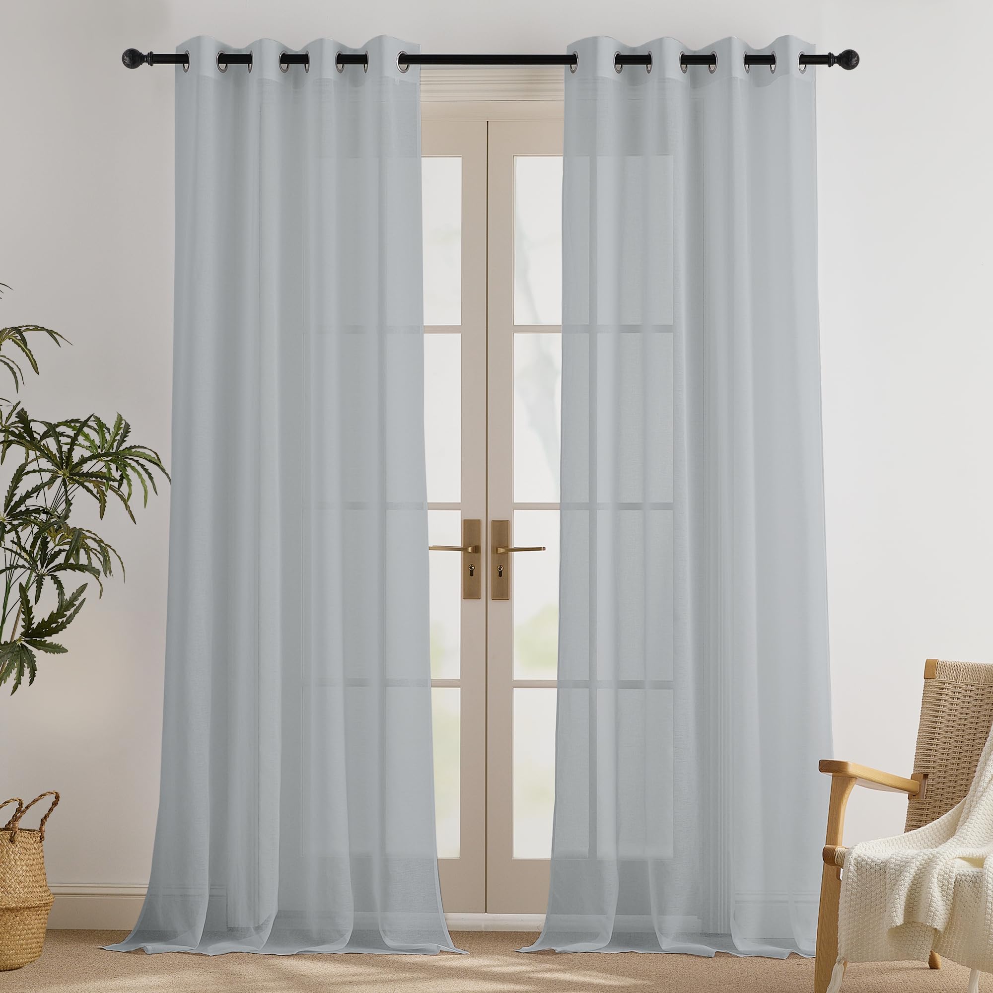 PONY DANCE Tende Moderne per Soggiorno Curtains Effetto Lino con Anelli per Salotto Eleganti Tende Cameretta Bambini Trasparenti 2 Pezzi 140x245 CM, Grigio Chiaro
