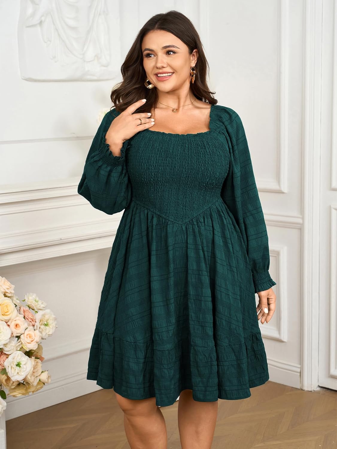 Womens Plus Size Dress Fall Casual Puff Long Sleeve Square Neck Empire Waist Tiered A-line Mini Short Dress - Image 2