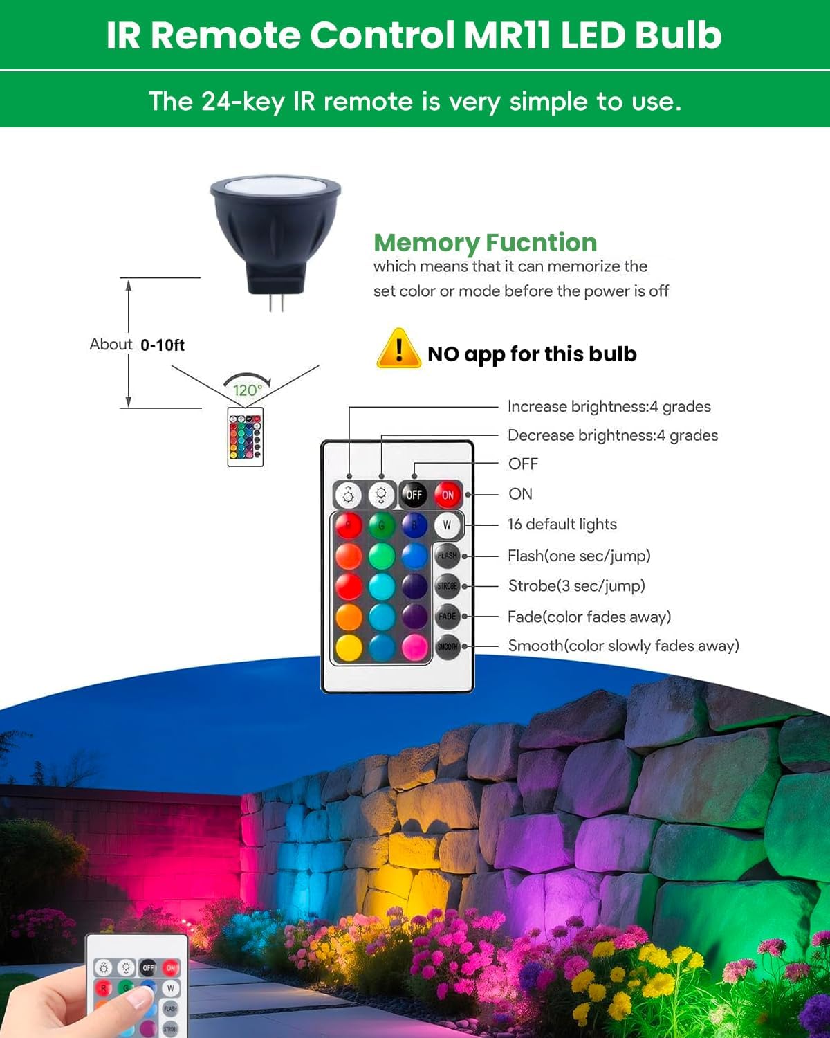 RGB MR11 LED Bulbs Color Changing, GU4 Bi-pin Base, Warm White+15 Multicolors and 4-Level Brightness on Remote Control, 12V MR11 Halogen Bulb Replacement