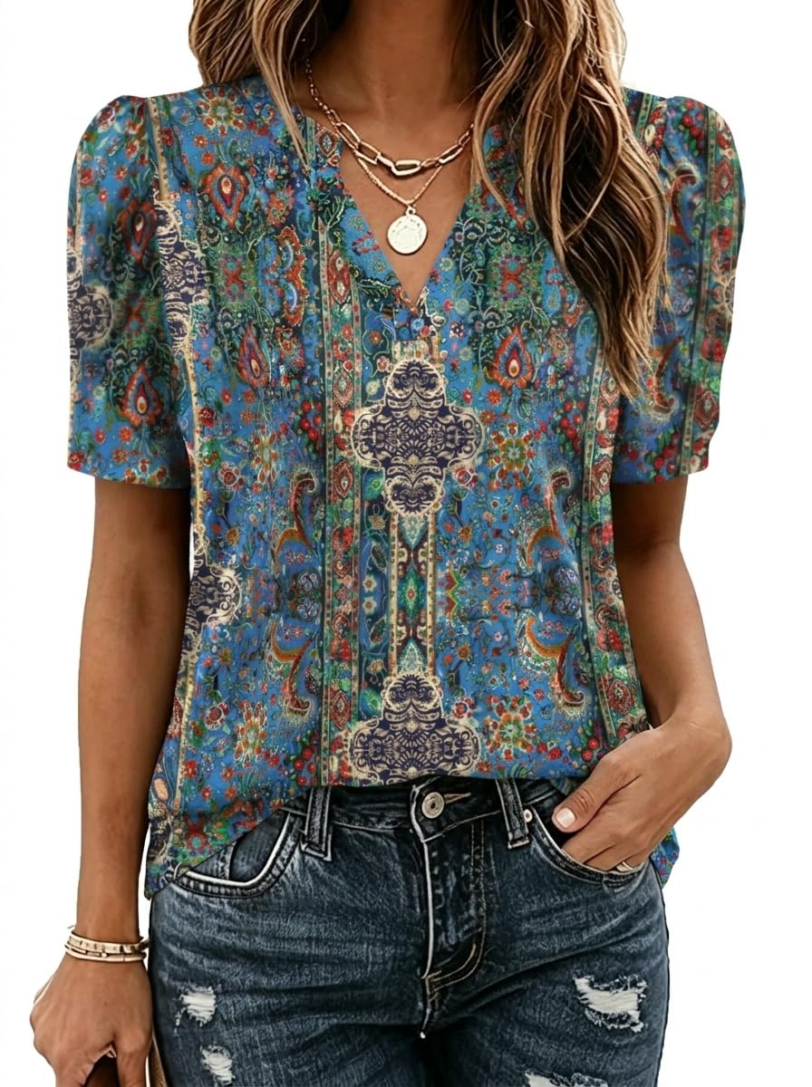 Zeagoo Women Blouses Puff Short Sleeve Tops V Neck Dressy Casual Spring Shirts Boho Floral Cute Clothes 2026