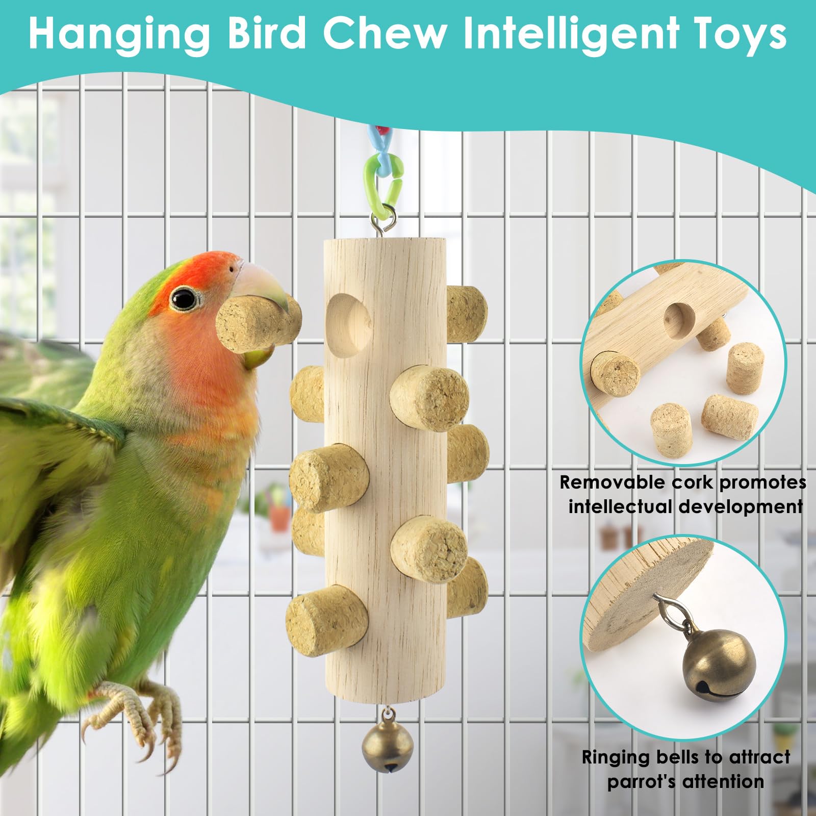 DBNESS 3pcs Natural Wood Bird Perch Toys, Rotating Perch Stand, L-Shaped Perches with Chew Block, Hanging Cork Stopper Toy, Birdcage Accessories for Small Medium Parrots Cockatiels Quaker Caique - image 5
