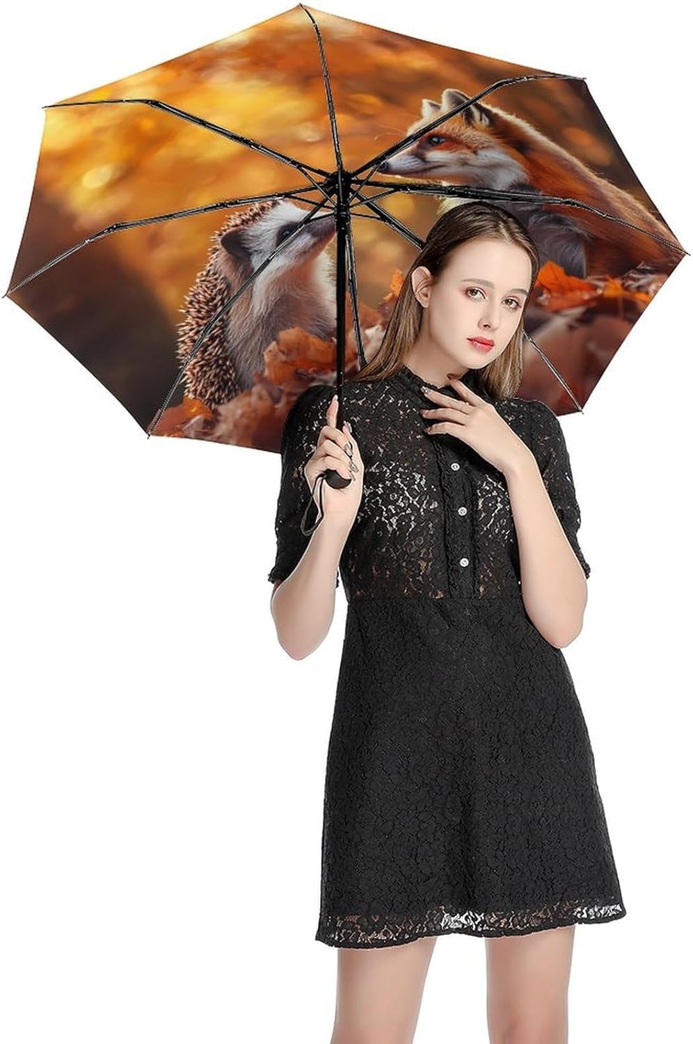 Cute Fox Hedgehog Wildlife Windproof Travel Umbrella Compact Portable Automatic Umbrella for Sun Rain