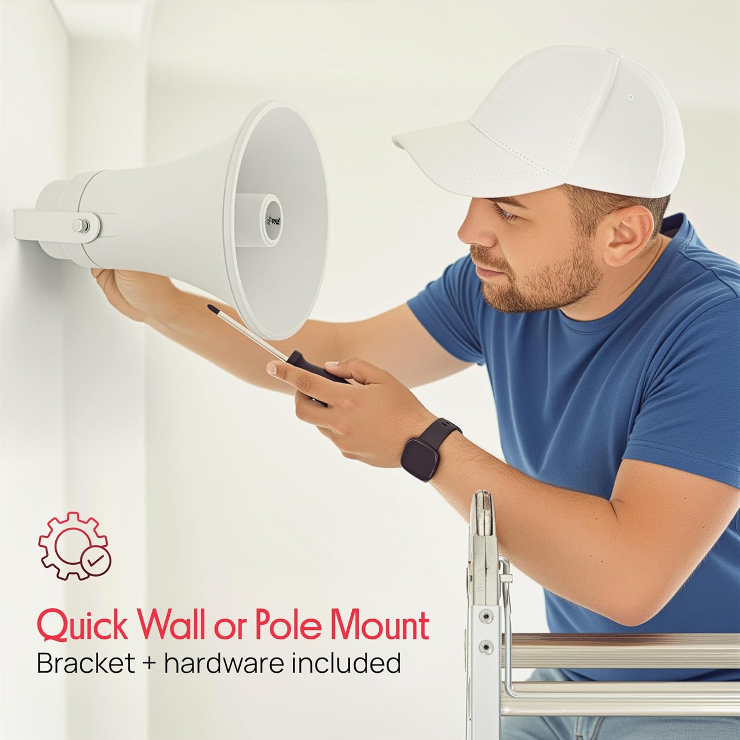 Pyle Indoor Outdoor PA Horn Speaker - 9.4 Inch 30-Watt Power Compact Loud Sound Megaphone w/ 400Hz-10KHz Frequency, 8 Ohm, 70V Transformer, Mounting Bracket - 70V Audio System PHSP30TA (White)